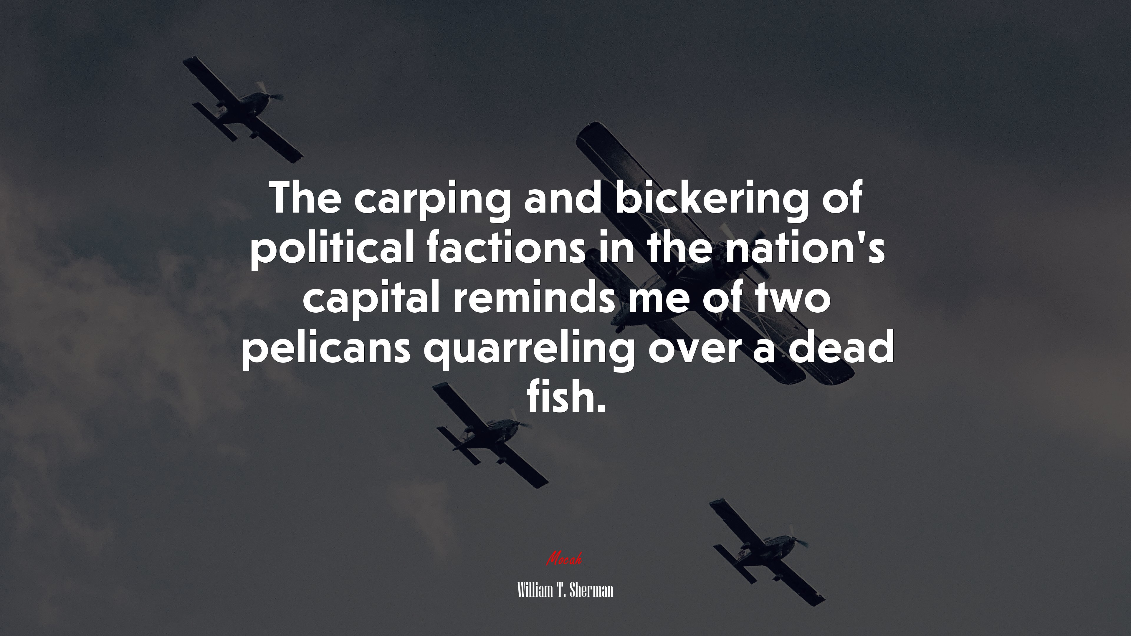 The carping and bickering of political factions in the nation’s capital reminds me of two pelicans quarreling over a dead fish. | William T. Sherman quote HD Wallpaper