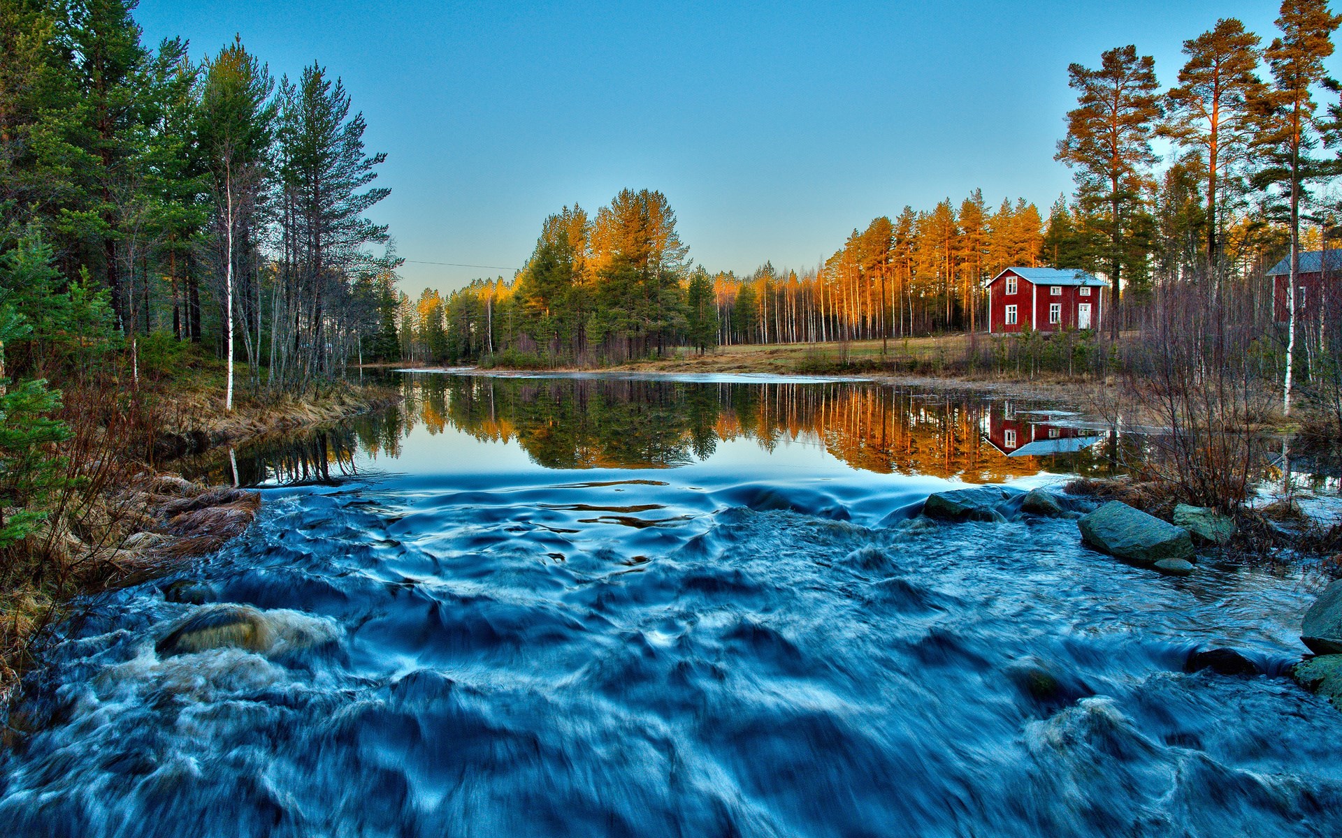 Red house by a river in a forest HD Wallpaper
