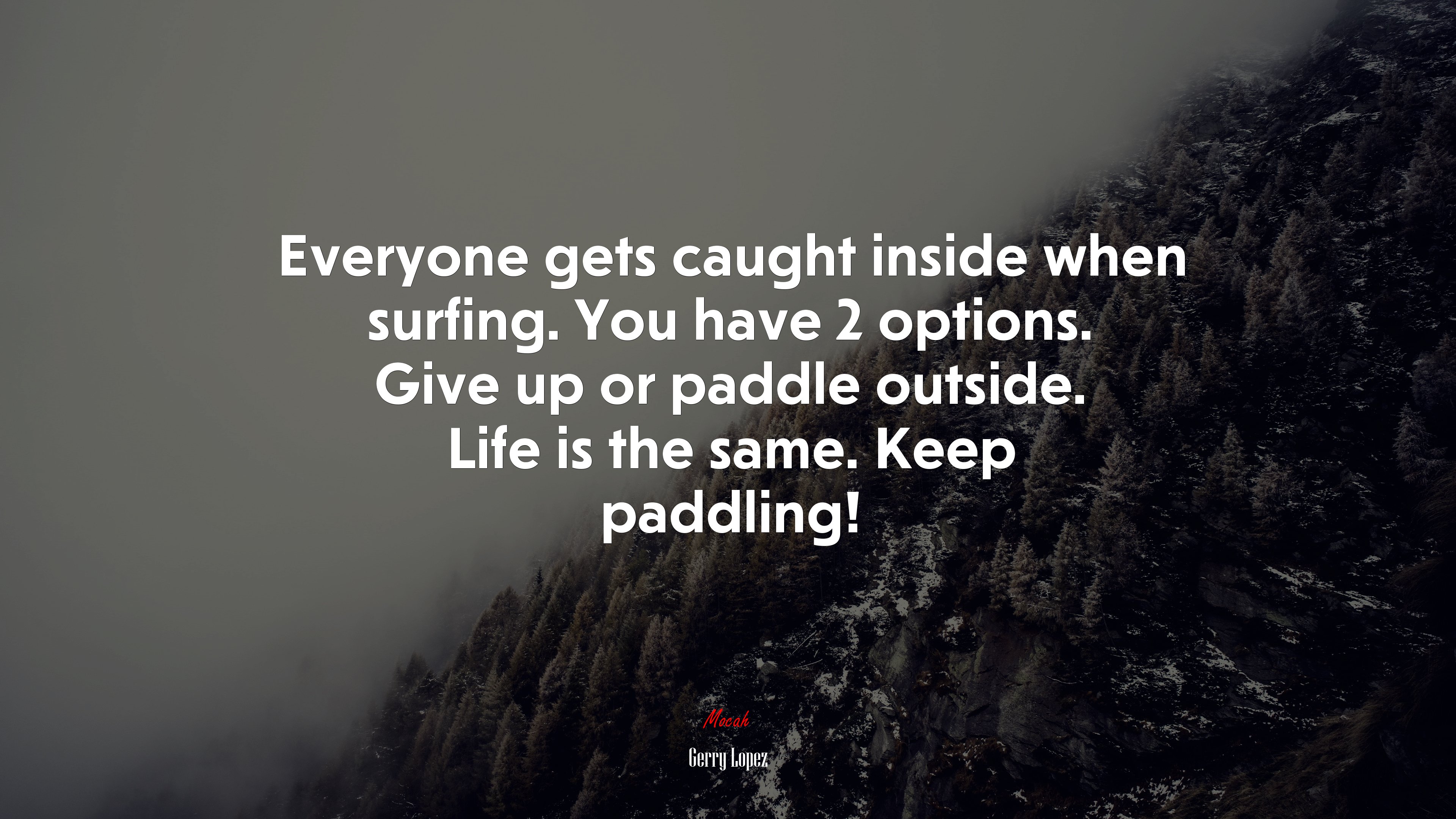 Everyone gets caught inside when surfing. You have 2 options. Give up or paddle outside. Life is the same. Keep paddling! | Gerry Lopez quote HD Wallpaper
