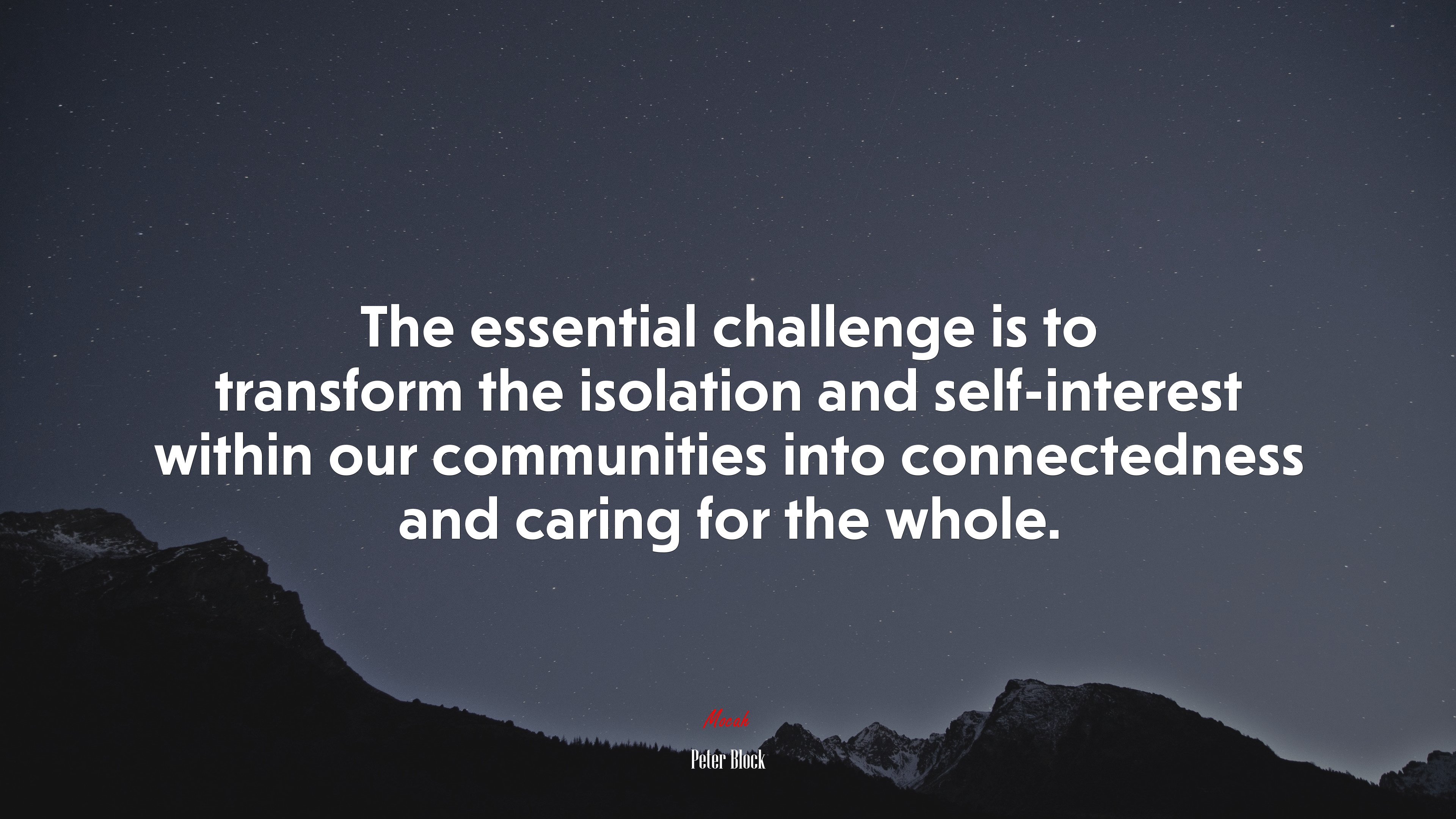 The essential challenge is to transform the isolation and self-interest within our communities into connectedness and caring for the whole. | Peter Block quote HD Wallpaper