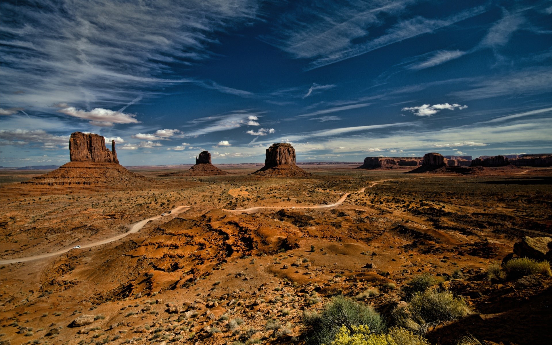 Monument Valley with a dirt road and a car HD Wallpaper
