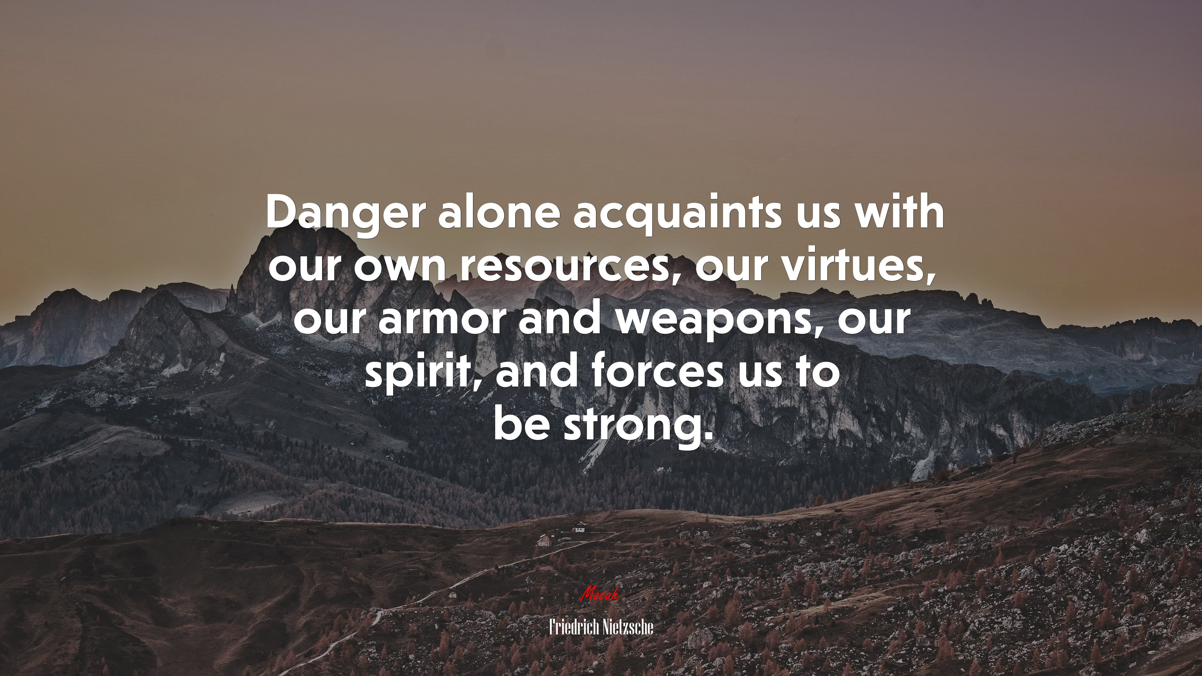 Danger alone acquaints us with our own resources, our virtues, our armor and weapons, our spirit, and forces us to be strong. | Friedrich Nietzsche quote HD Wallpaper