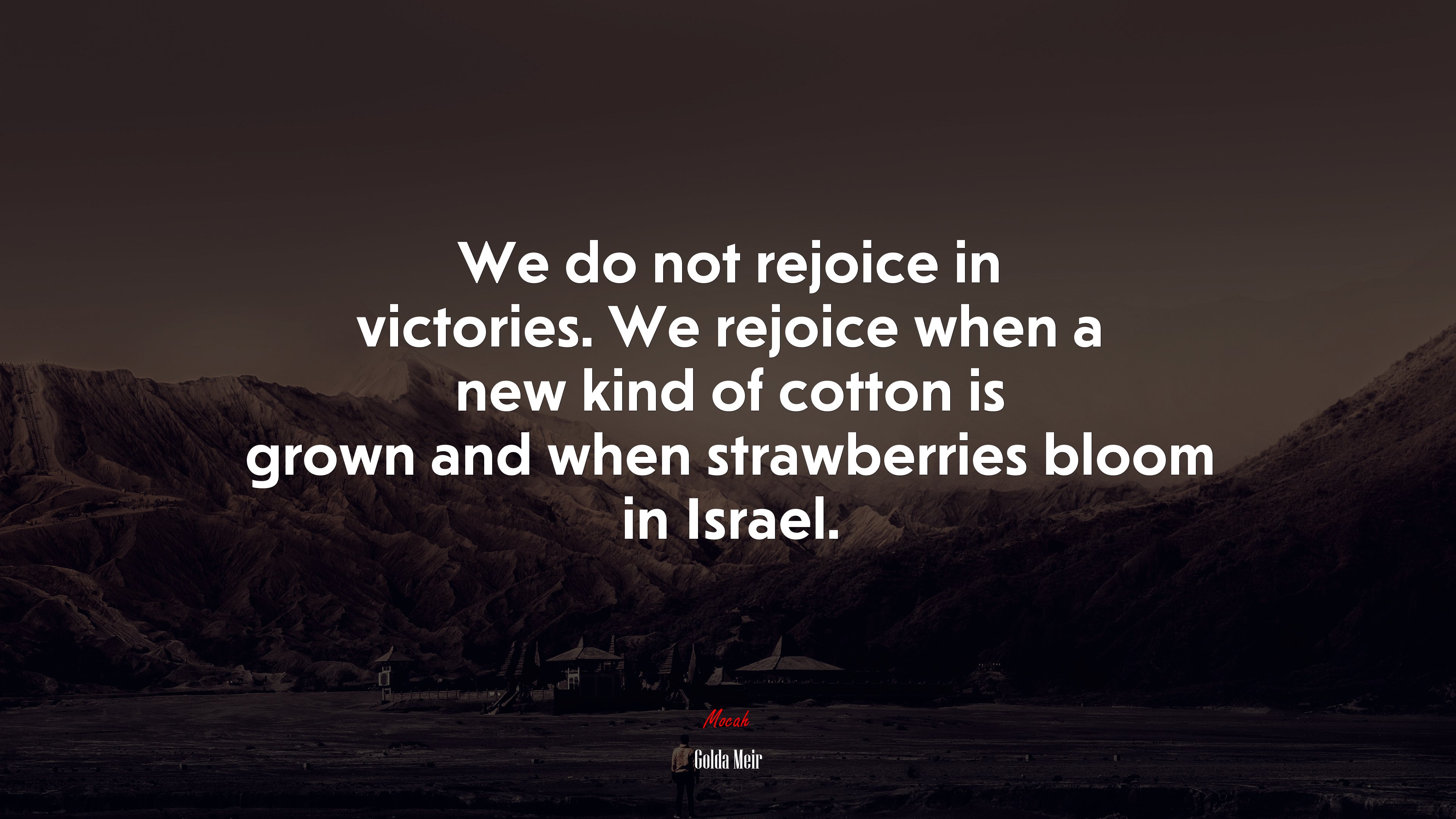 We do not rejoice in victories. We rejoice when a new kind of cotton is grown and when strawberries bloom in Israel. | Golda Meir quote HD Wallpaper