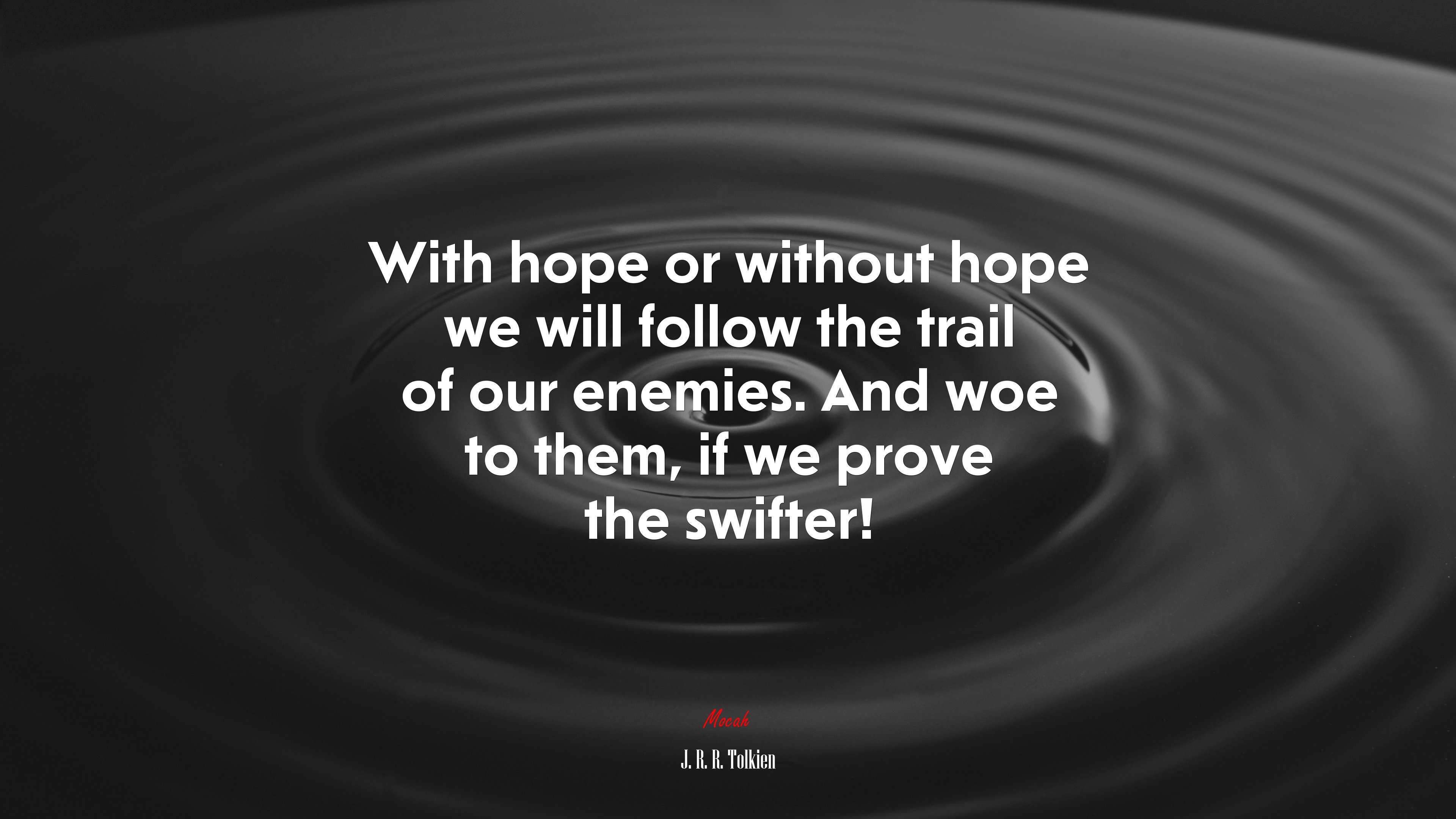 With hope or without hope we will follow the trail of our enemies. And woe to them, if we prove the swifter! | J. R. R. Tolkien quote HD Wallpaper