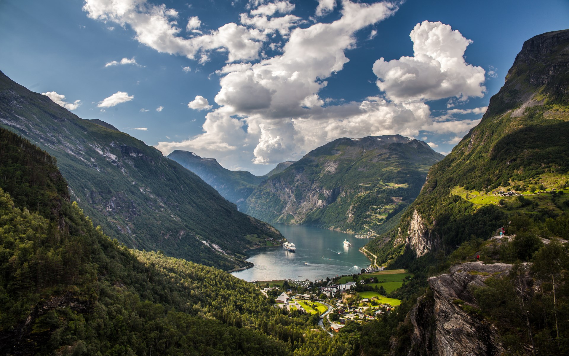 Cruise ships in a Norwegian fjord with mountains HD Wallpaper