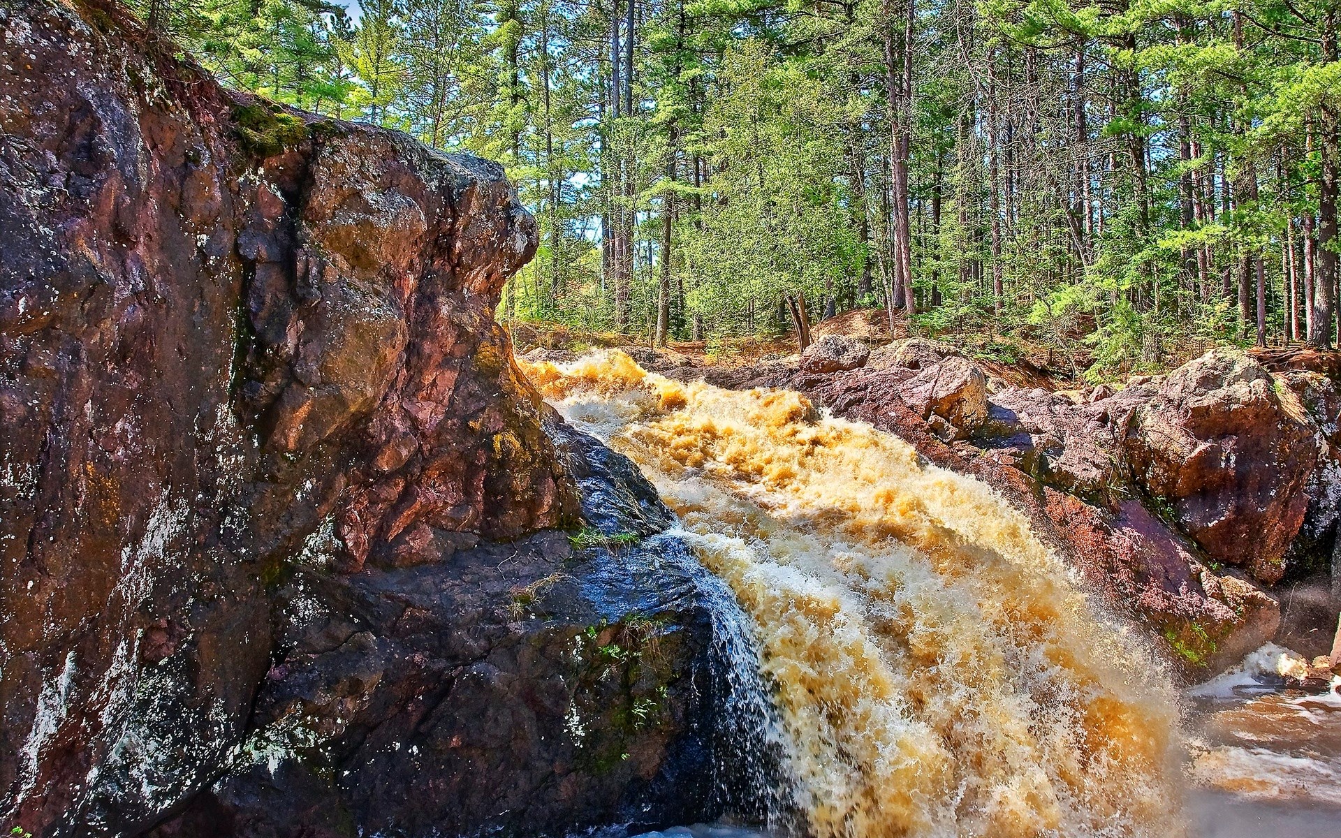 Brown waterfall cascading over rocks in a forest HD Wallpaper