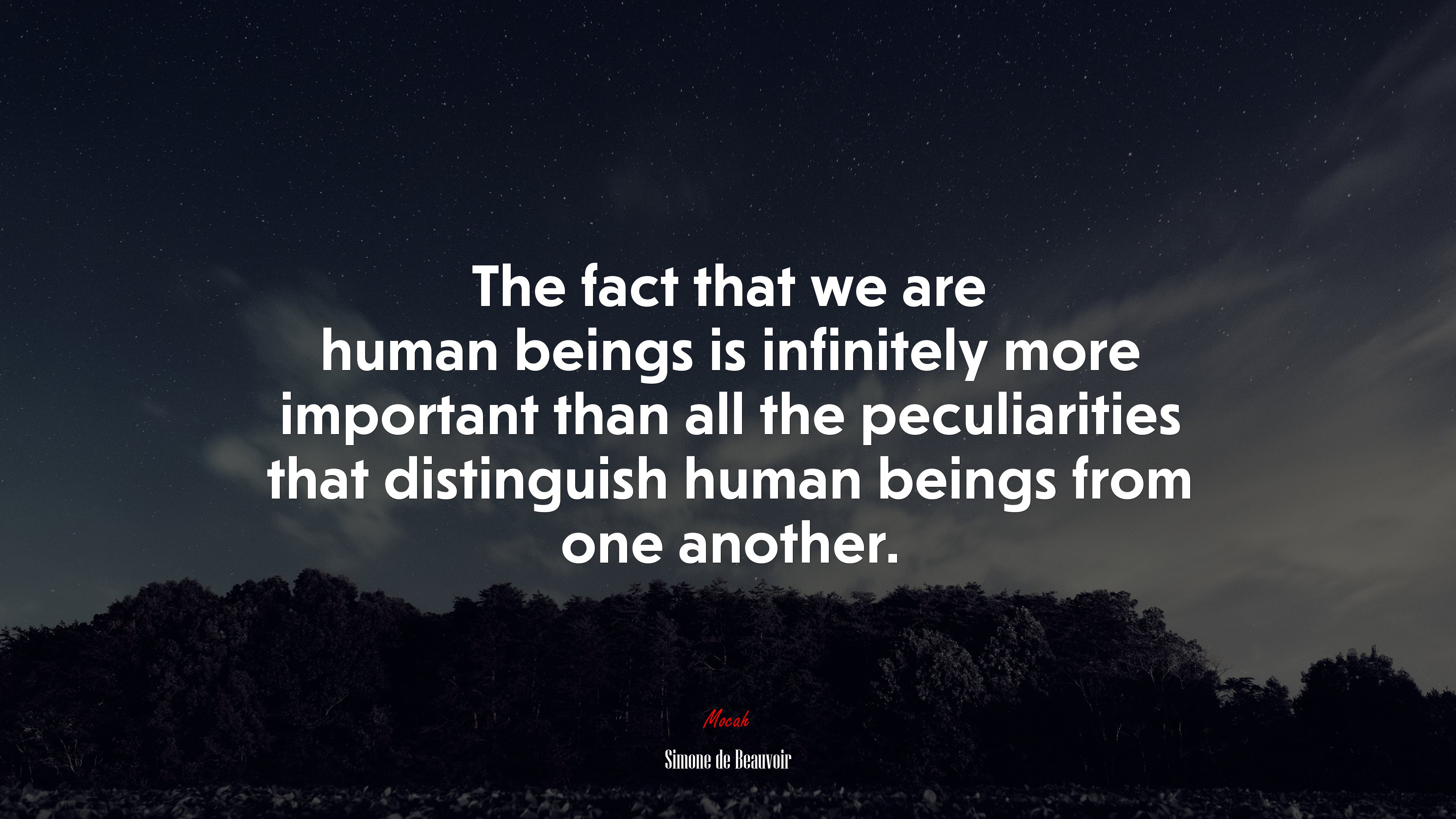 The fact that we are human beings is infinitely more important than all the peculiarities that distinguish human beings from one another. | Simone de Beauvoir quote HD Wallpaper