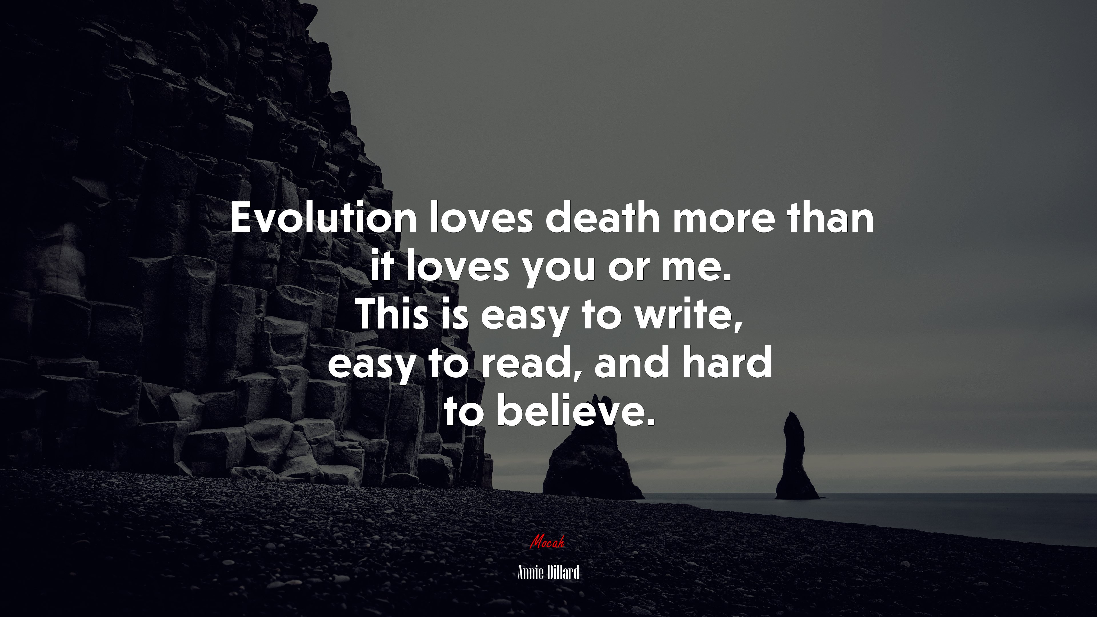 Evolution loves death more than it loves you or me. This is easy to write, easy to read, and hard to believe. | Annie Dillard quote HD Wallpaper