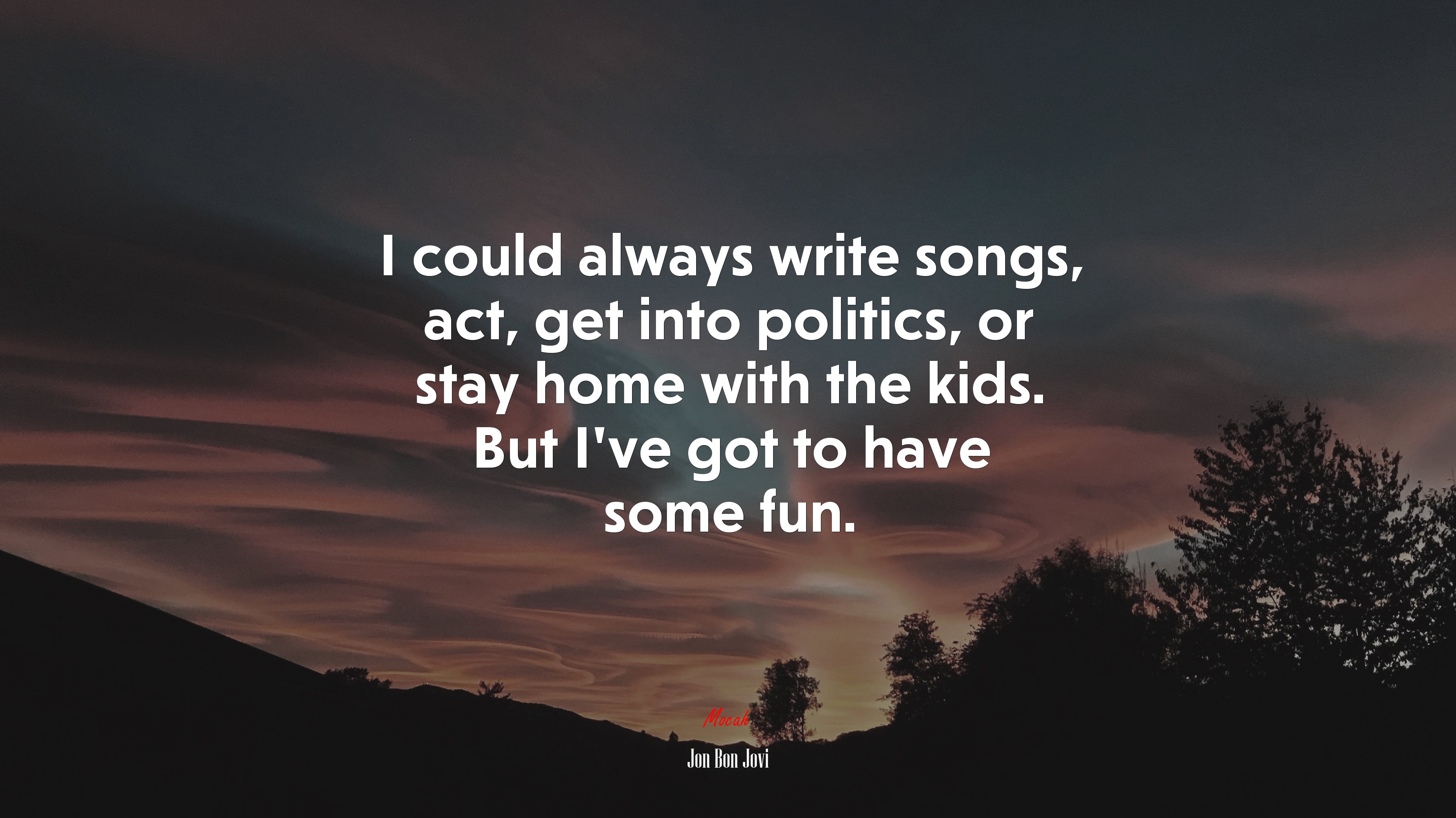 I could always write songs, act, get into politics, or stay home with the kids. But I’ve got to have some fun. | Jon Bon Jovi quote HD Wallpaper