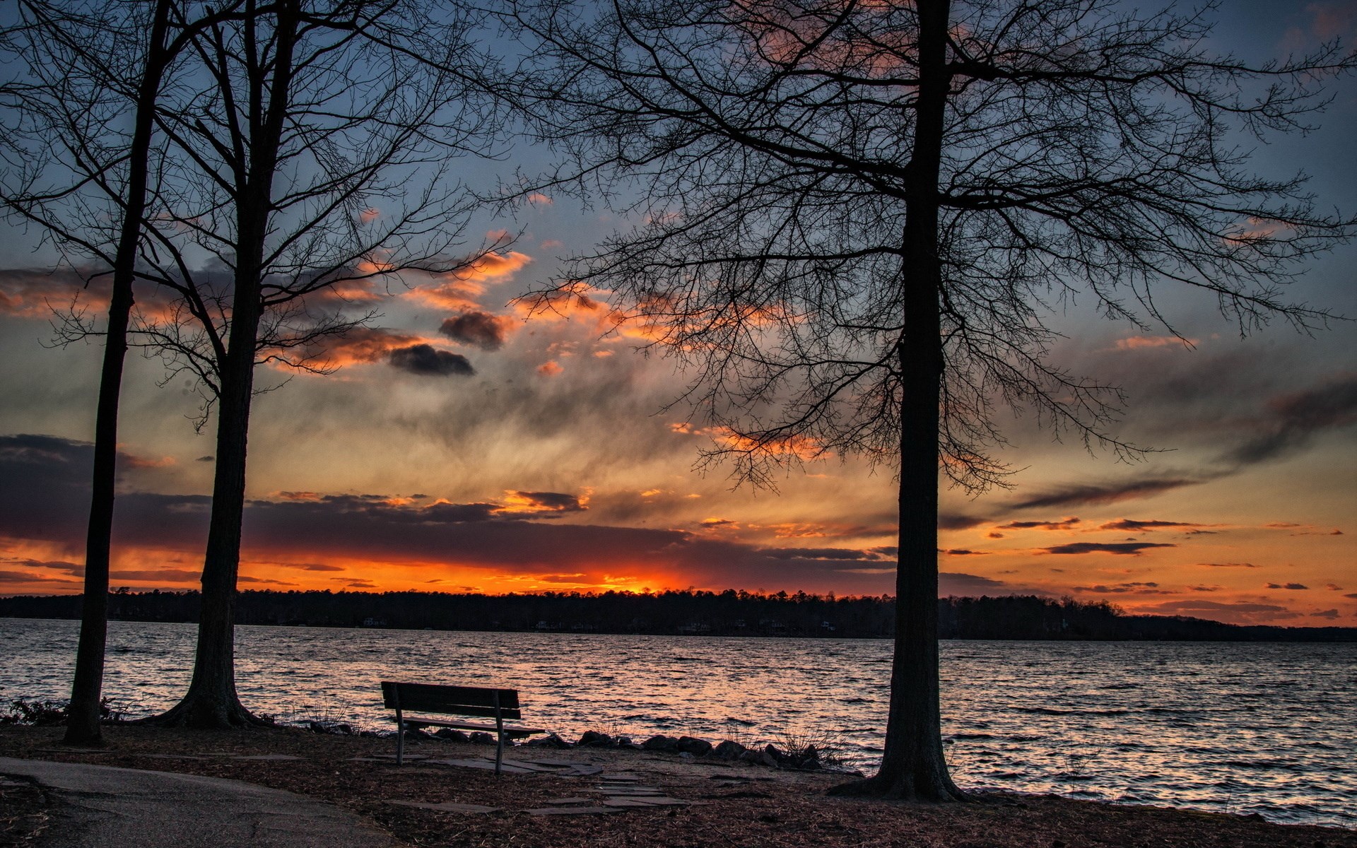Sunset over a lake with trees and a bench HD Wallpaper