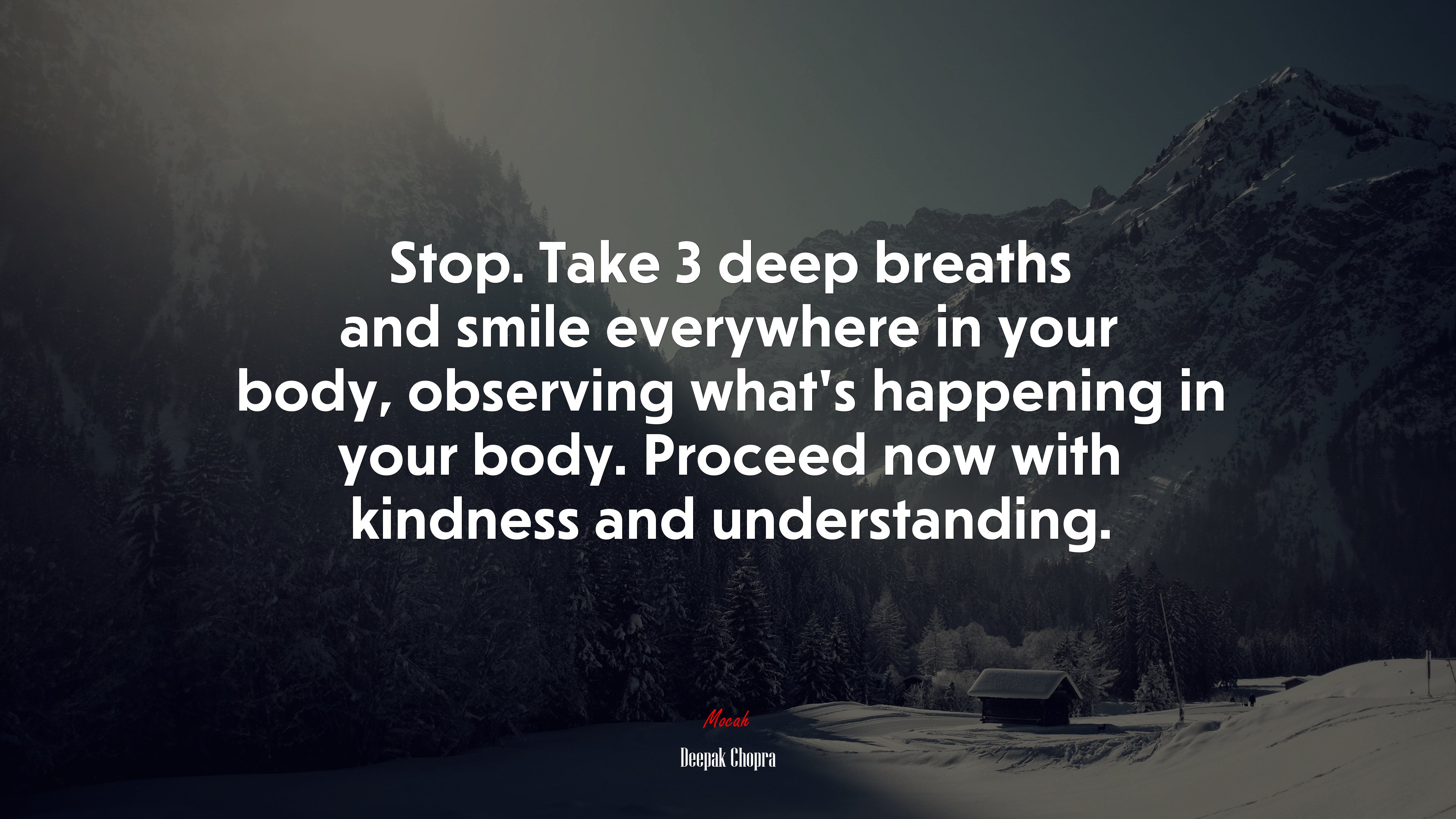 Stop. Take 3 deep breaths and smile everywhere in your body, observing what’s happening in your body. Proceed now with kindness and understanding. | Deepak Chopra quote HD Wallpaper