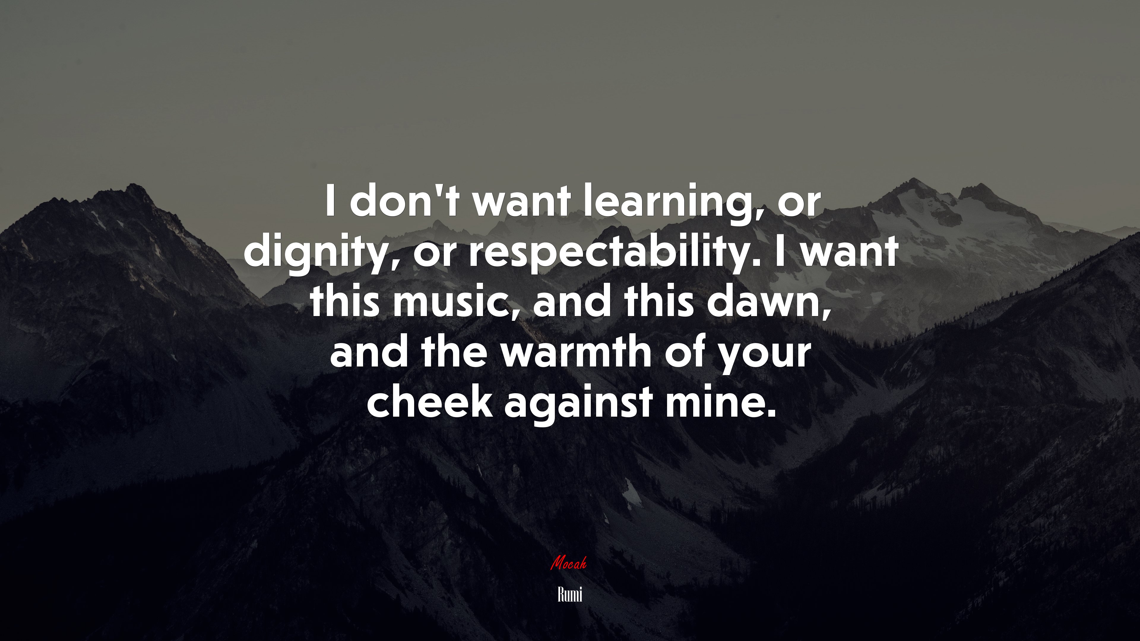 I don’t want learning, or dignity, or respectability. I want this music, and this dawn, and the warmth of your cheek against mine. | Rumi quote HD Wallpaper