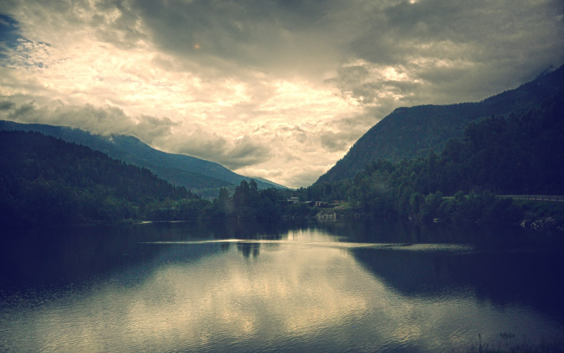 Lake and mountains under cloudy sky HD Wallpaper