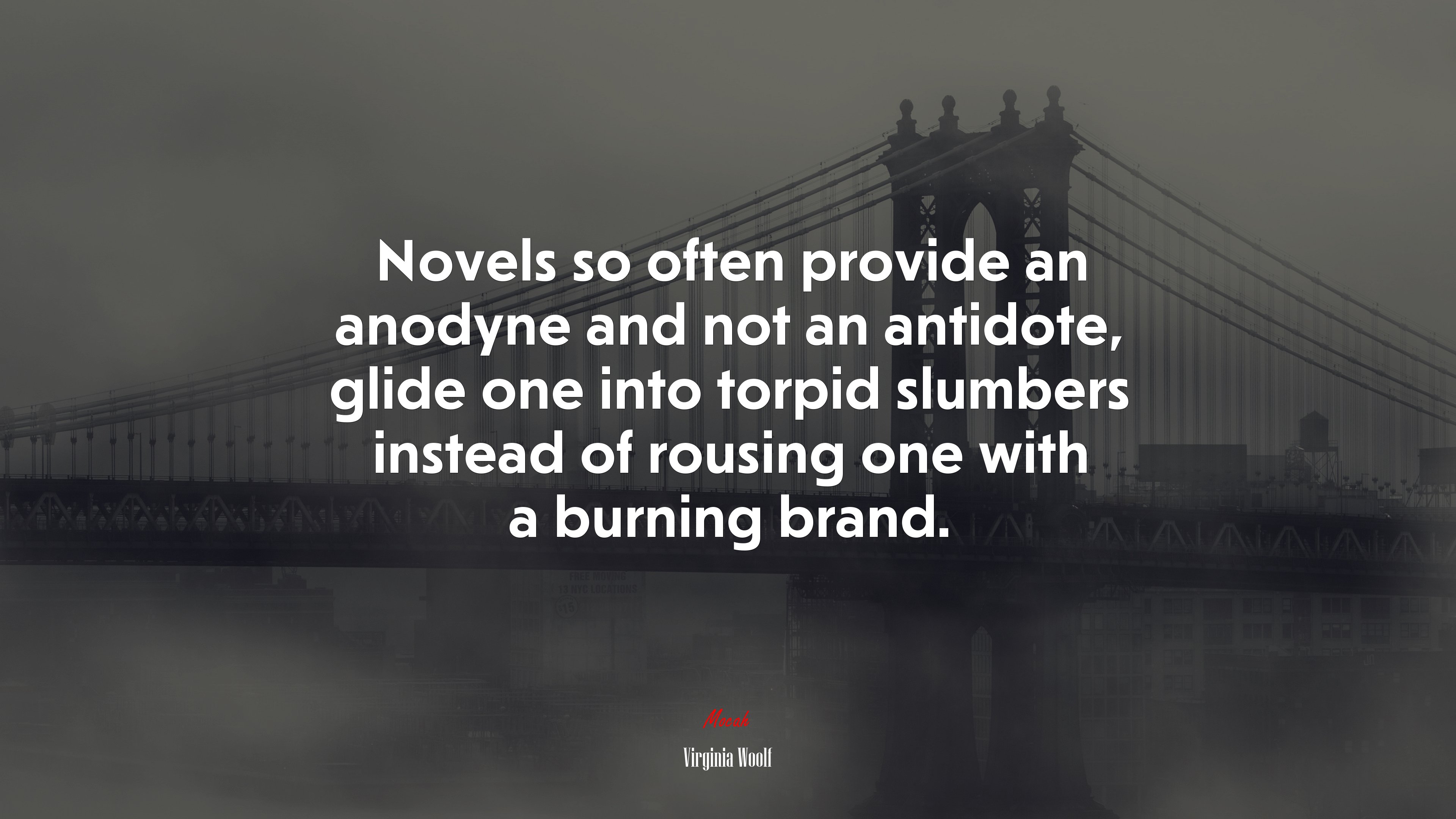 Novels so often provide an anodyne and not an antidote, glide one into torpid slumbers instead of rousing one with a burning brand. | Virginia Woolf quote HD Wallpaper