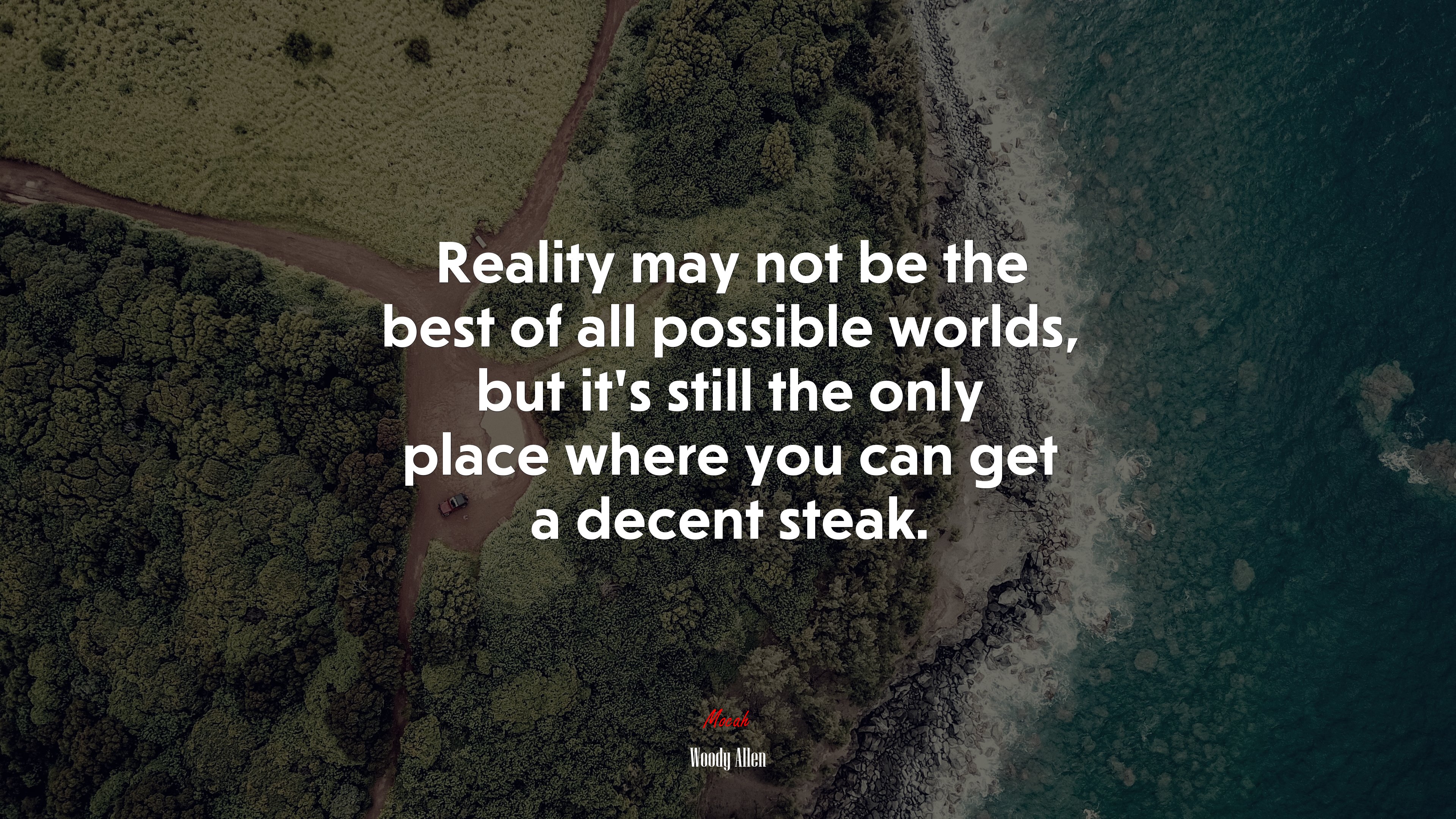Reality may not be the best of all possible worlds, but it’s still the only place where you can get a decent steak. | Woody Allen quote HD Wallpaper