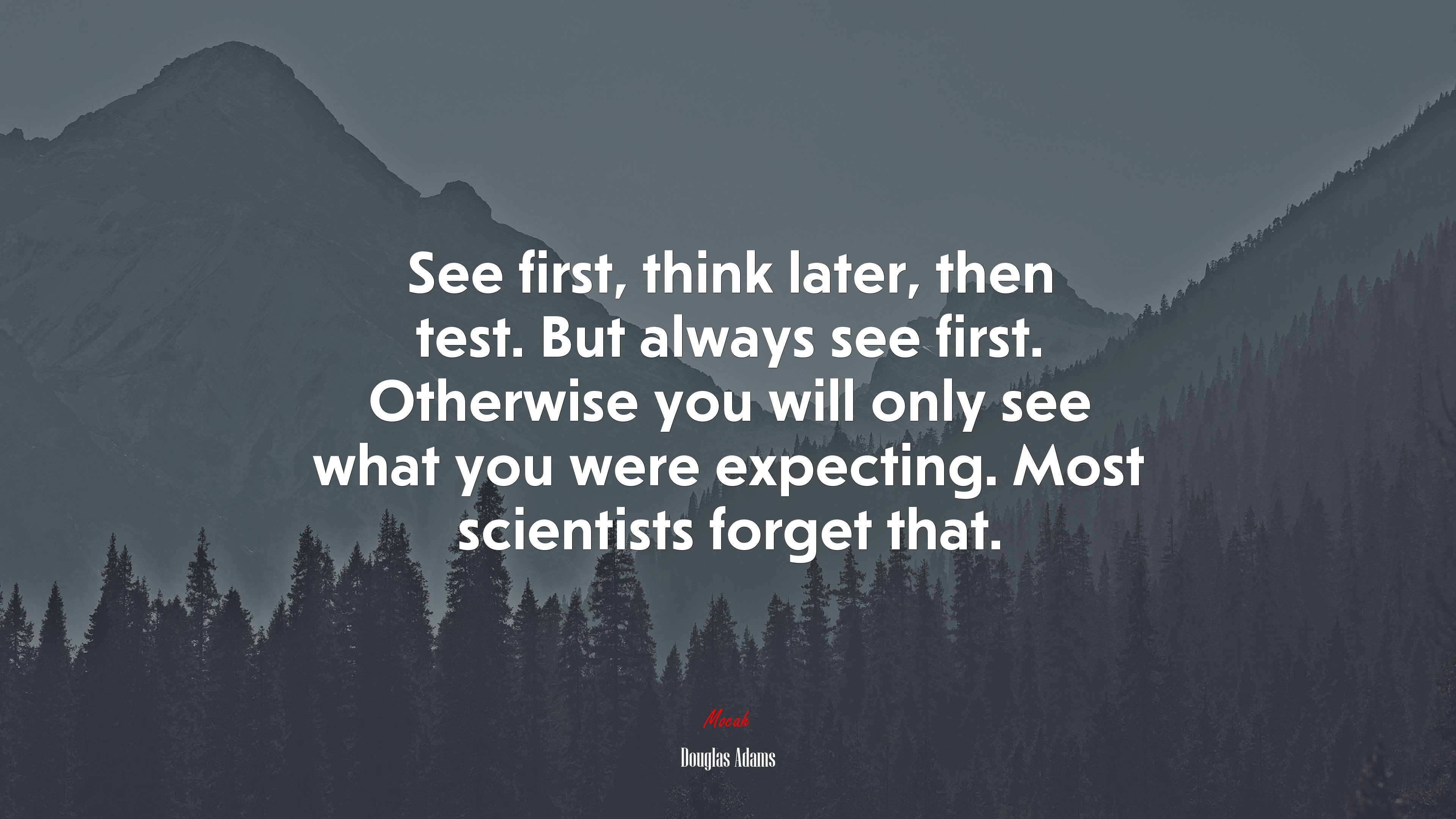 See first, think later, then test. But always see first. Otherwise you will only see what you were expecting. Most scientists forget that. | Douglas Adams quote HD Wallpaper