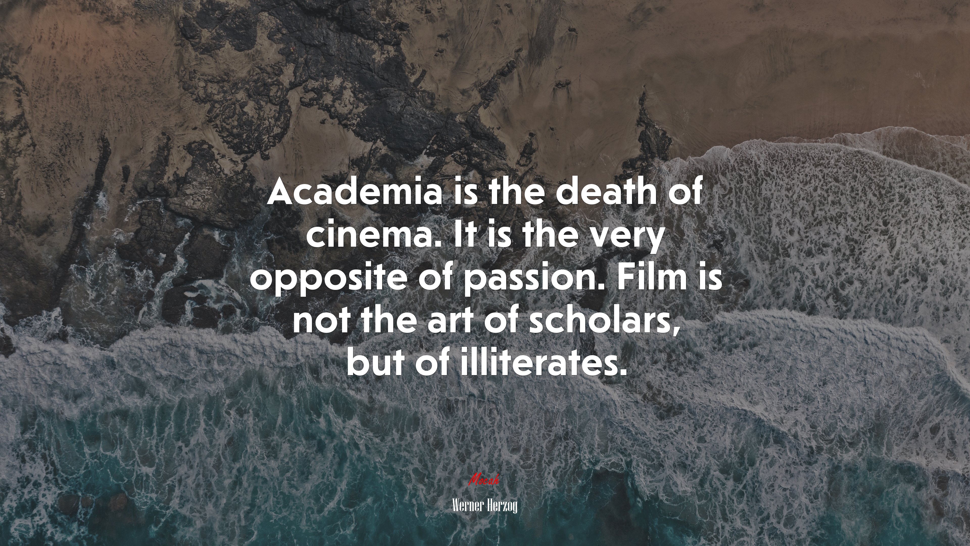 Academia is the death of cinema. It is the very opposite of passion. Film is not the art of scholars, but of illiterates. | Werner Herzog quote HD Wallpaper