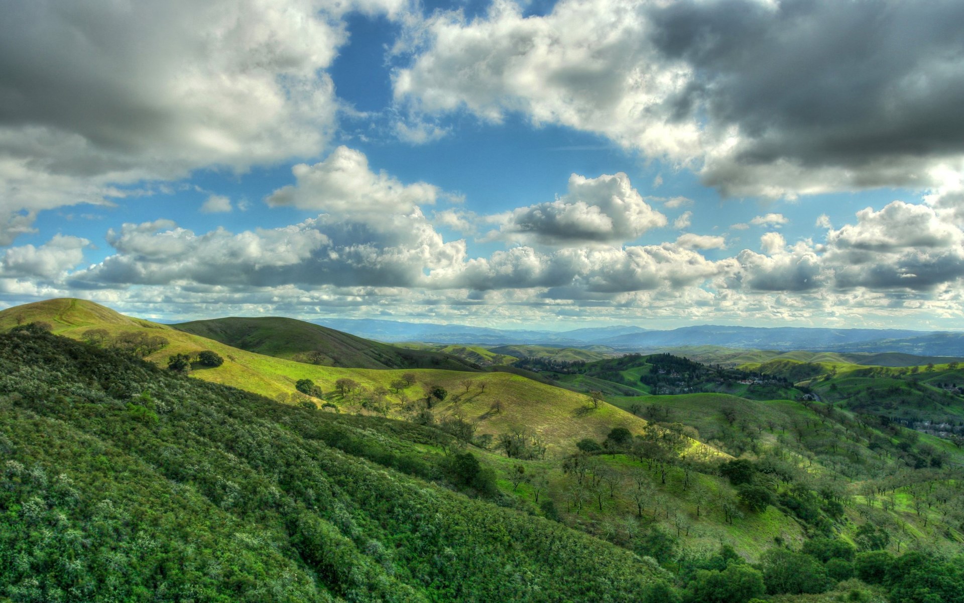 Rolling green hills under a cloudy sky HD Wallpaper