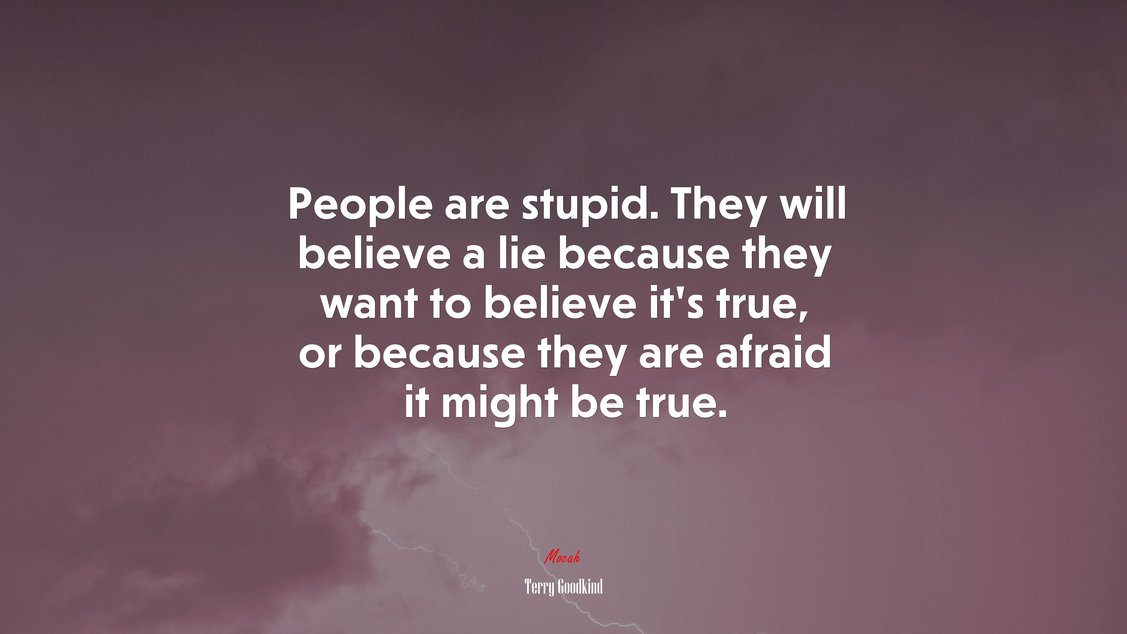 People are stupid. They will believe a lie because they want to believe it’s true, or because they are afraid it might be true. | Terry Goodkind quote HD Wallpaper