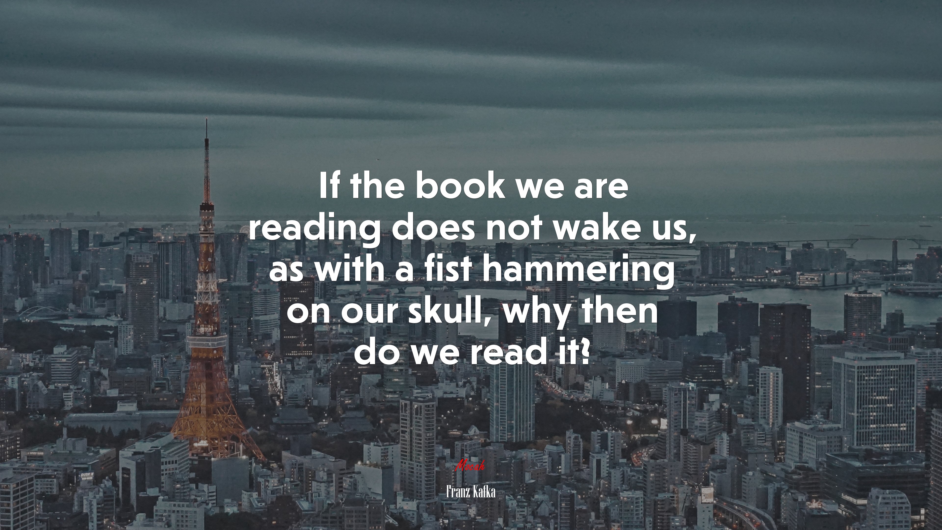 If the book we are reading does not wake us, as with a fist hammering on our skull, why then do we read it? | Franz Kafka quote HD Wallpaper