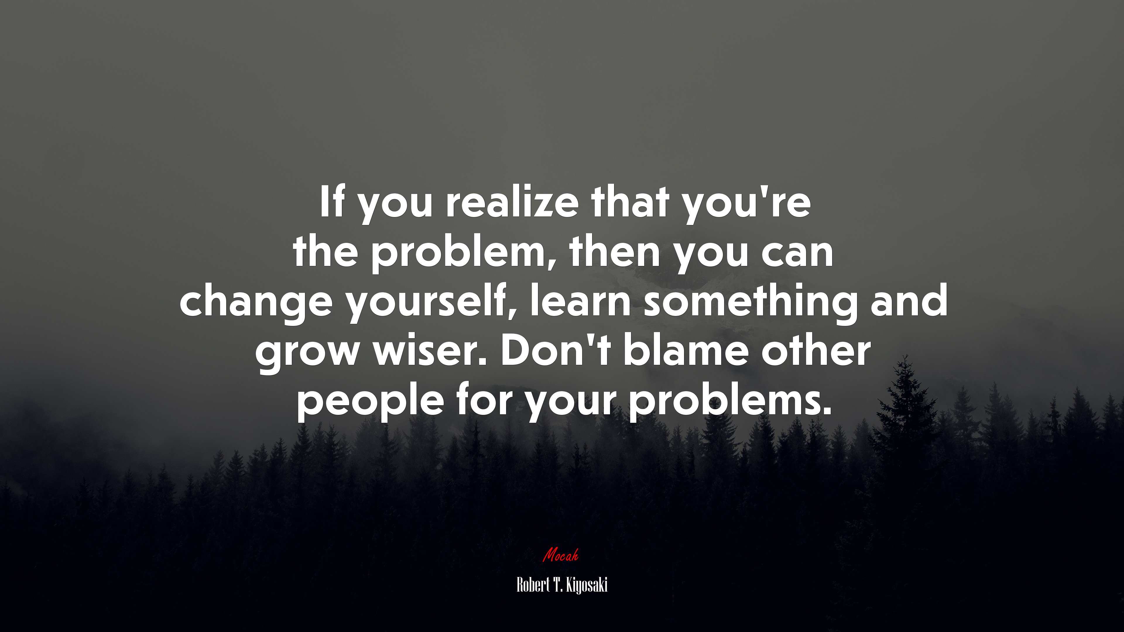 If you realize that you’re the problem, then you can change yourself, learn something and grow wiser. Don’t blame other people for your problems. | Robert T. Kiyosaki quote HD Wallpaper