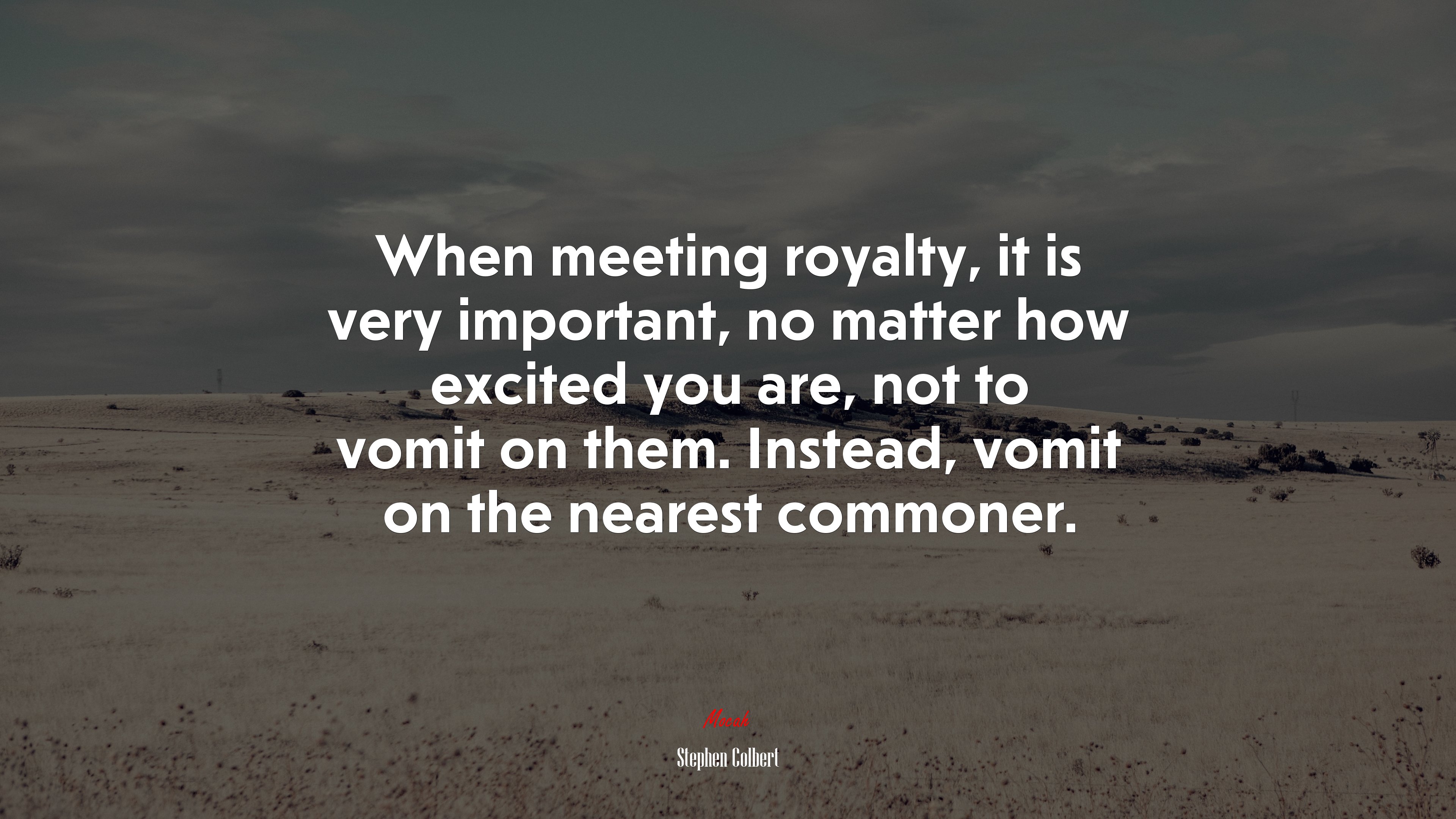 When meeting royalty, it is very important, no matter how excited you are, not to vomit on them. Instead, vomit on the nearest commoner. | Stephen Colbert quote HD Wallpaper
