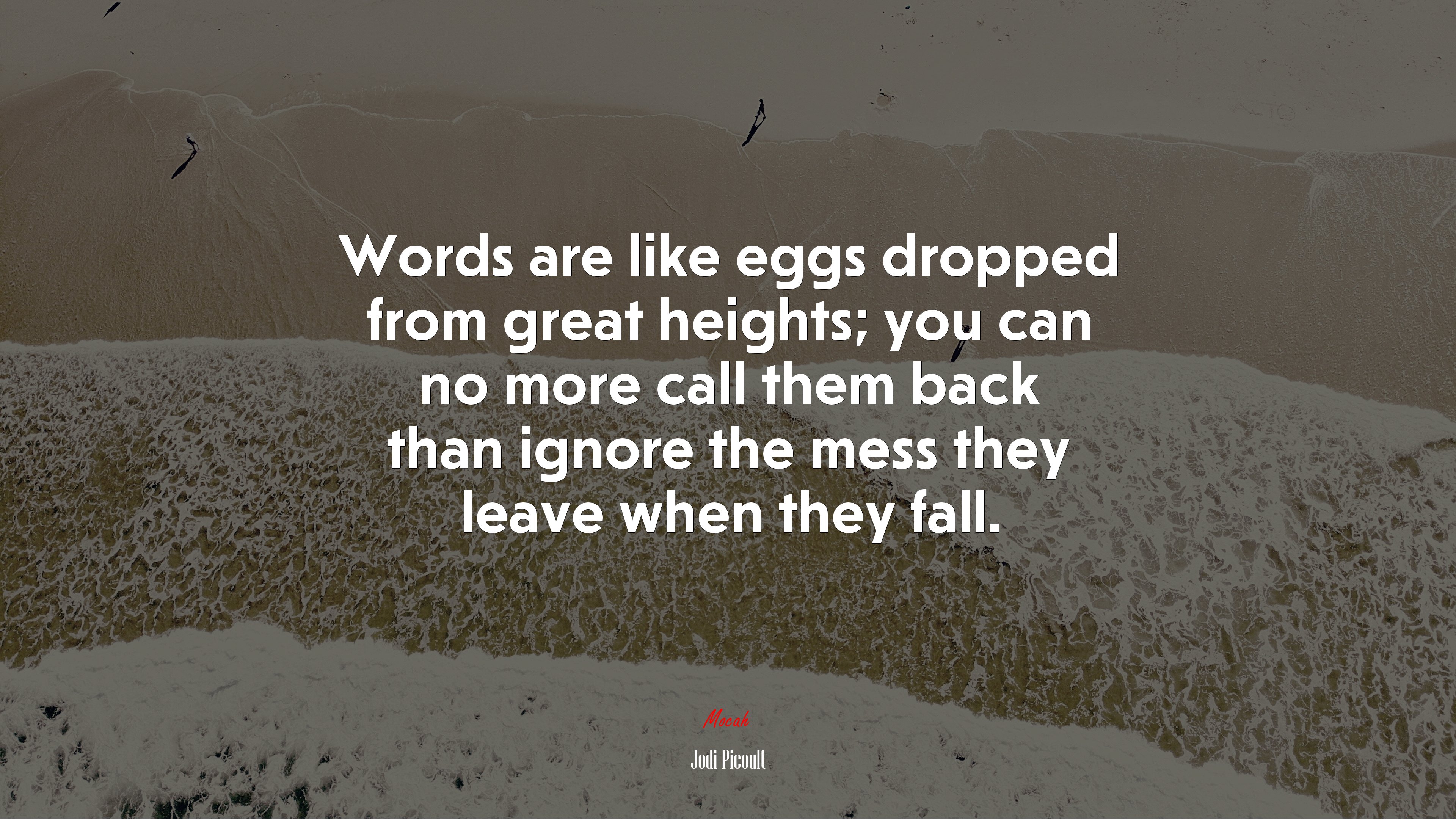 Words are like eggs dropped from great heights; you can no more call them back than ignore the mess they leave when they fall. | Jodi Picoult quote HD Wallpaper