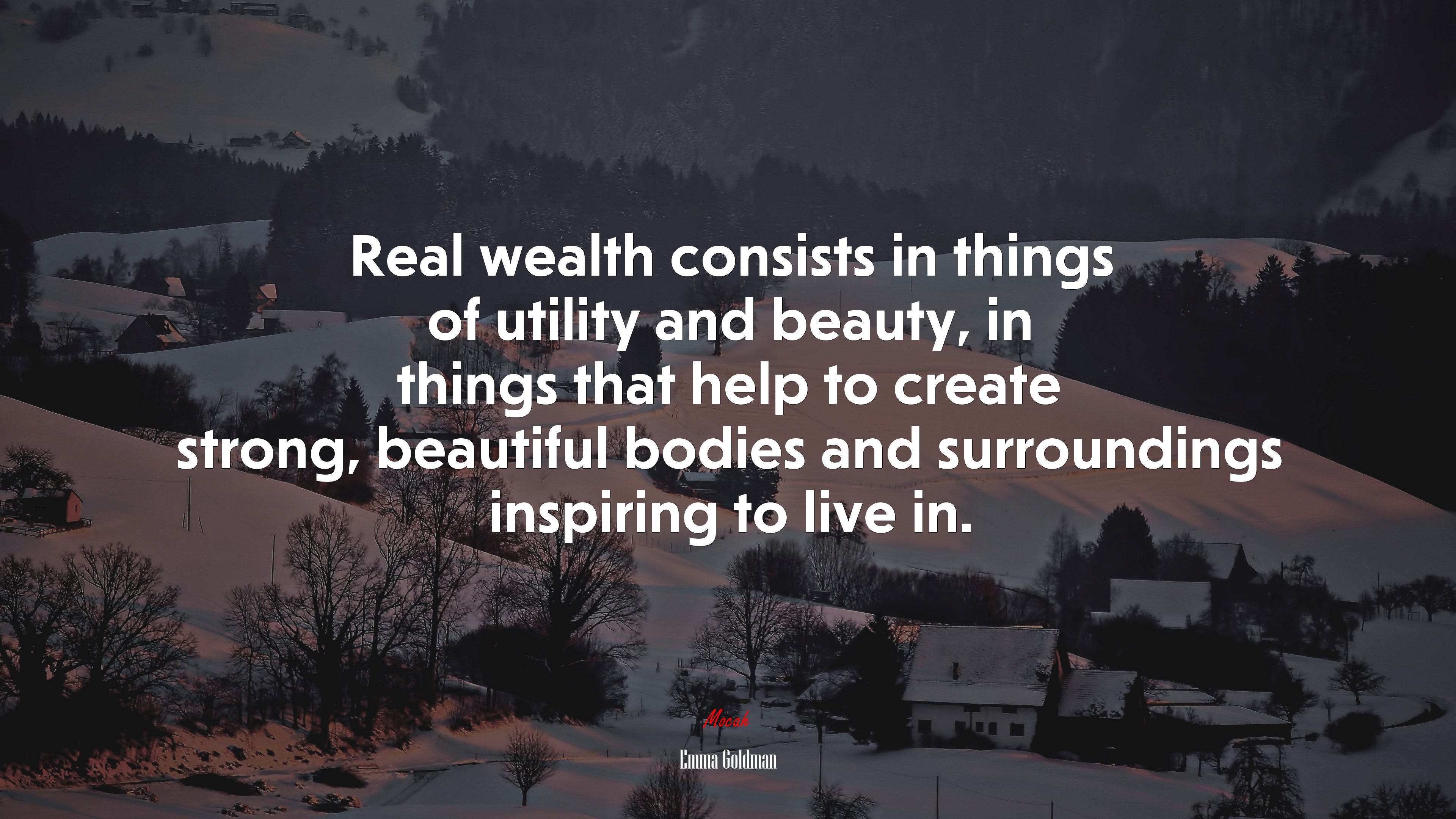 Real wealth consists in things of utility and beauty, in things that help to create strong, beautiful bodies and surroundings inspiring to live in. | Emma Goldman quote HD Wallpaper