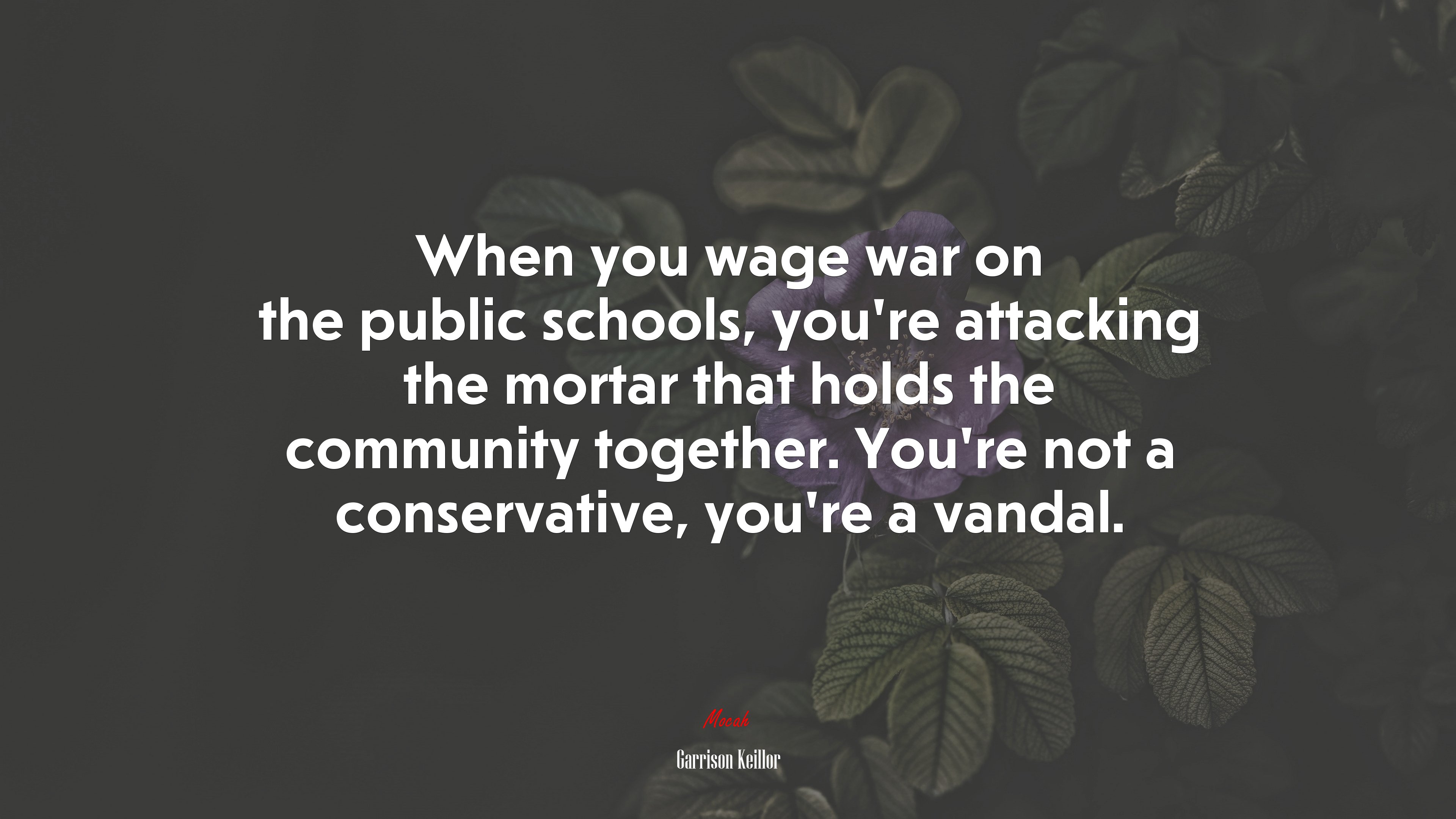 When you wage war on the public schools, you’re attacking the mortar that holds the community together. You’re not a conservative, you’re a vandal. | Garrison Keillor quote HD Wallpaper