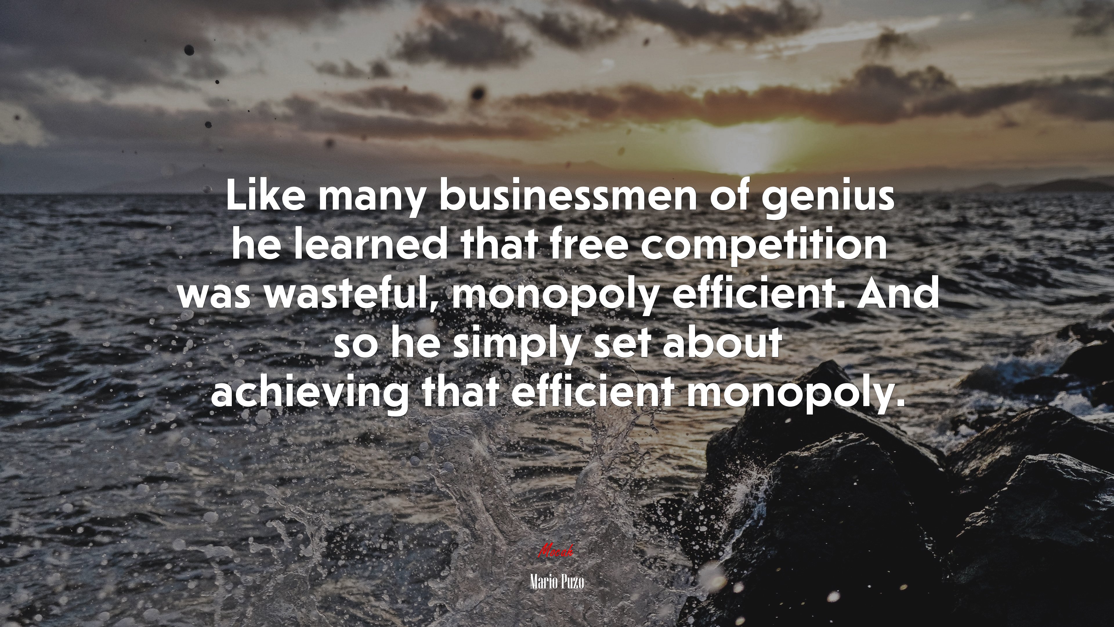 Like many businessmen of genius he learned that free competition was wasteful, monopoly efficient. And so he simply set about achieving that efficient monopoly. | Mario Puzo quote HD Wallpaper