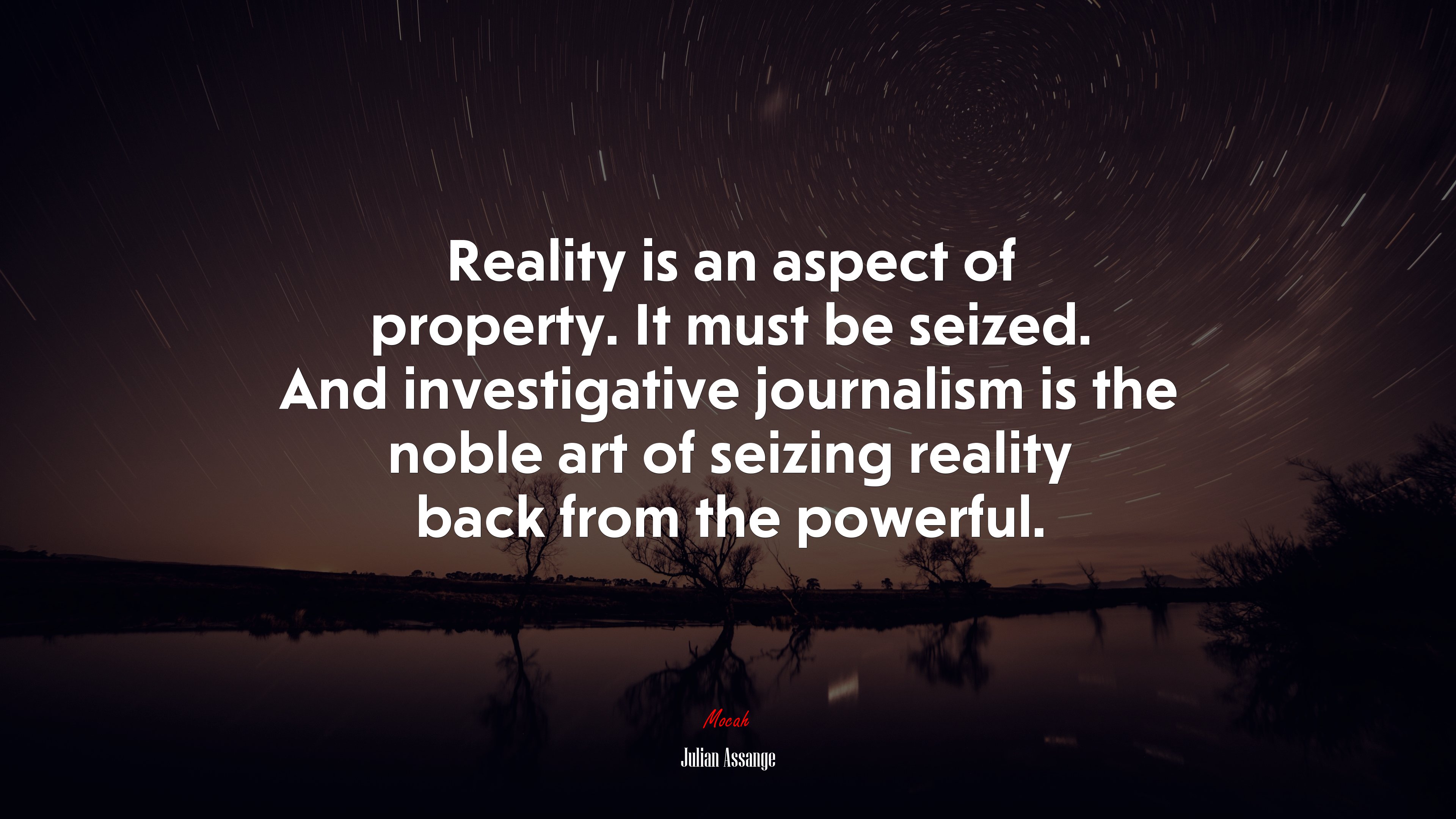 Reality is an aspect of property. It must be seized. And investigative journalism is the noble art of seizing reality back from the powerful. | Julian Assange quote HD Wallpaper