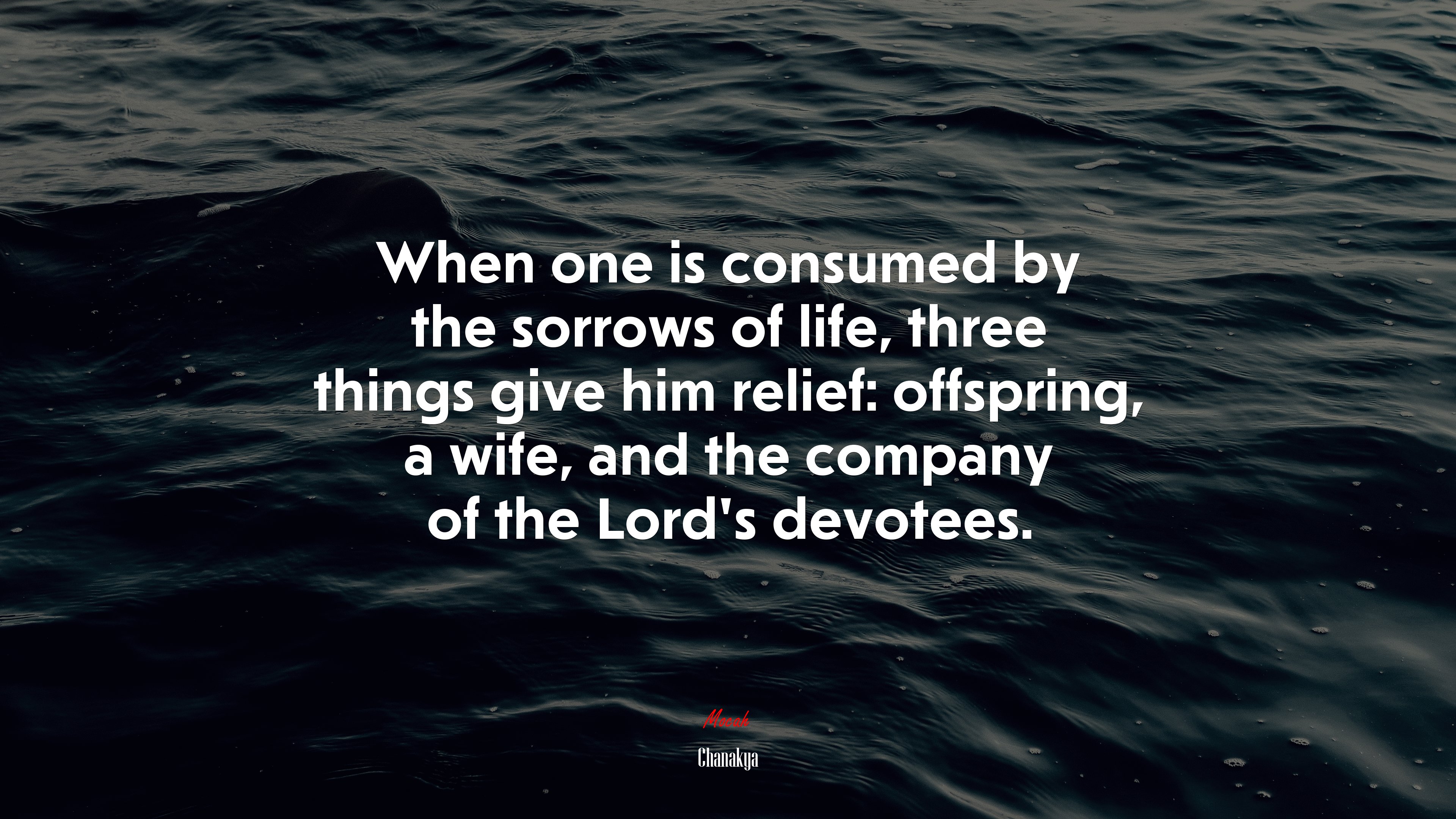 When one is consumed by the sorrows of life, three things give him relief: offspring, a wife, and the company of the Lord’s devotees. | Chanakya quote HD Wallpaper
