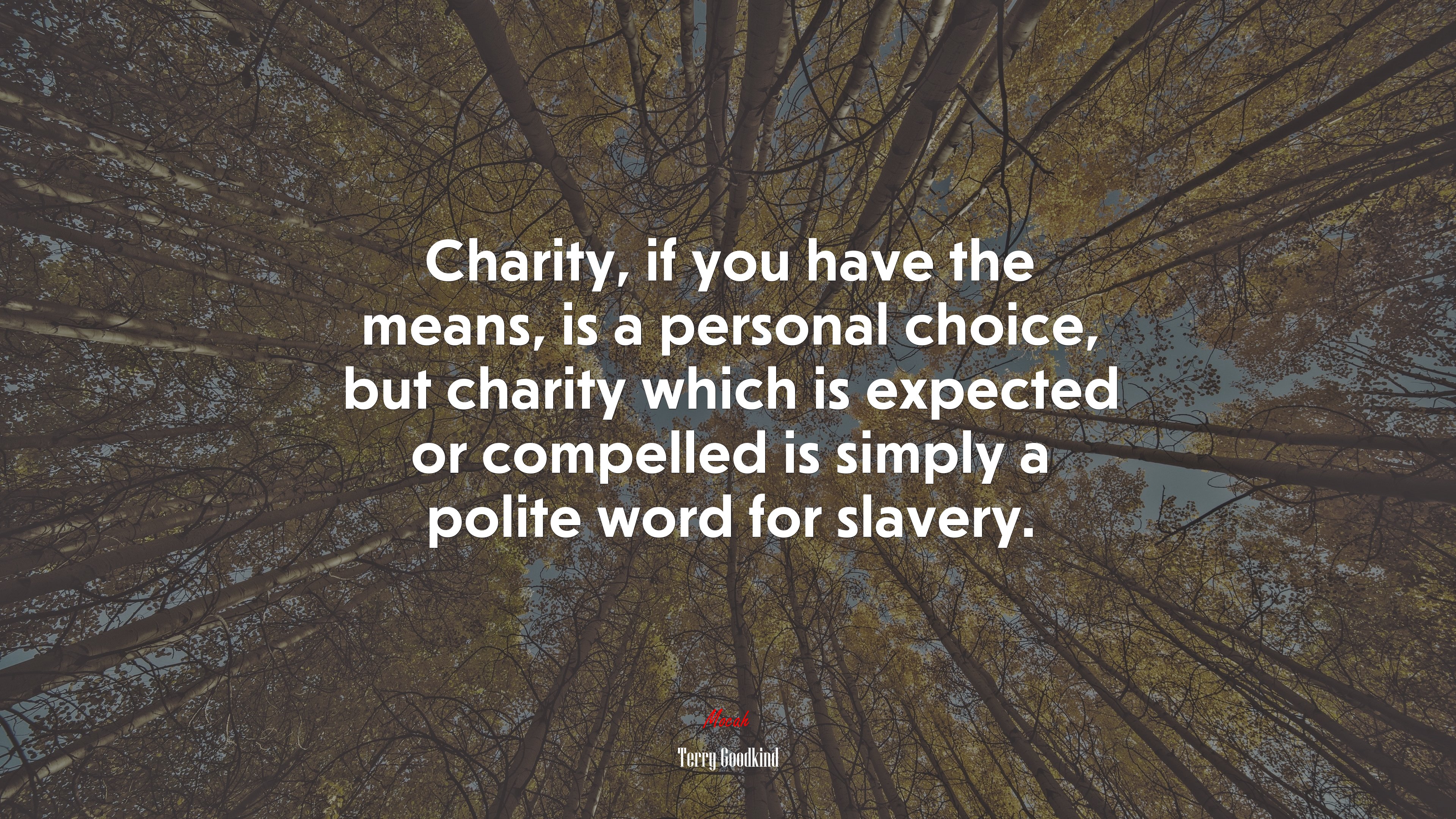 Charity, if you have the means, is a personal choice, but charity which is expected or compelled is simply a polite word for slavery. | Terry Goodkind quote HD Wallpaper