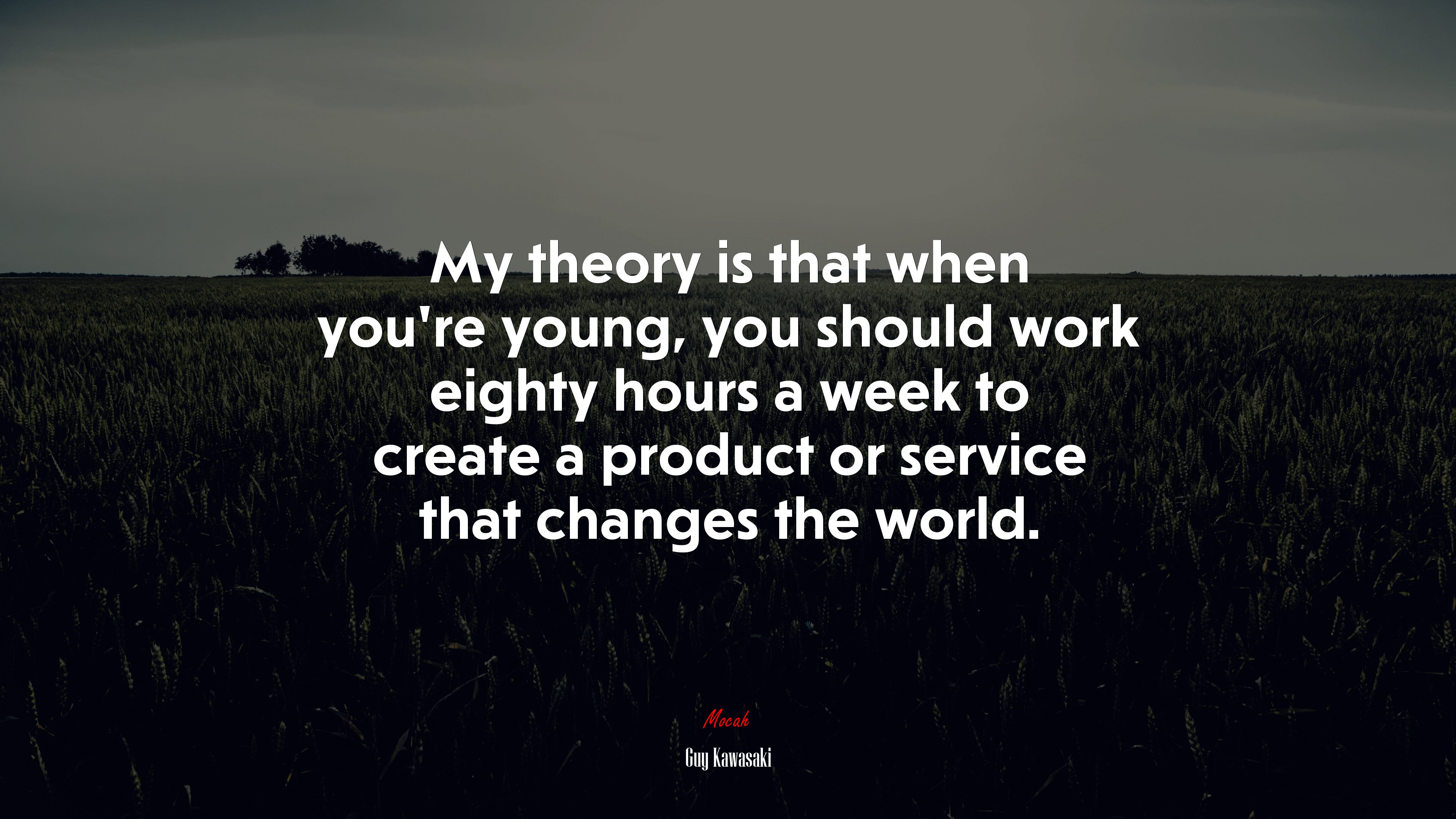 My theory is that when you’re young, you should work eighty hours a week to create a product or service that changes the world. | Guy Kawasaki quote HD Wallpaper