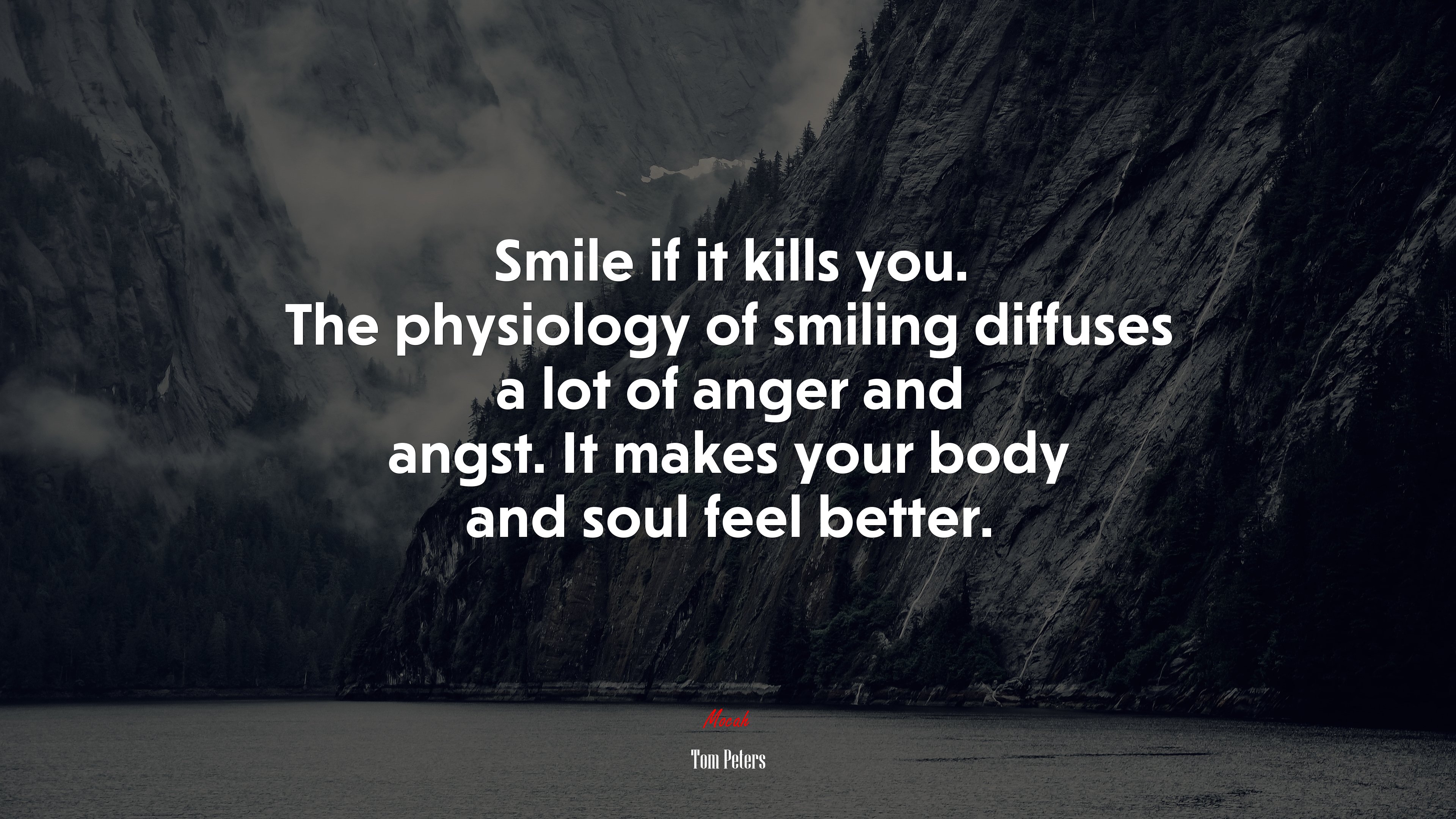 Smile if it kills you. The physiology of smiling diffuses a lot of anger and angst. It makes your body and soul feel better. | Tom Peters quote HD Wallpaper