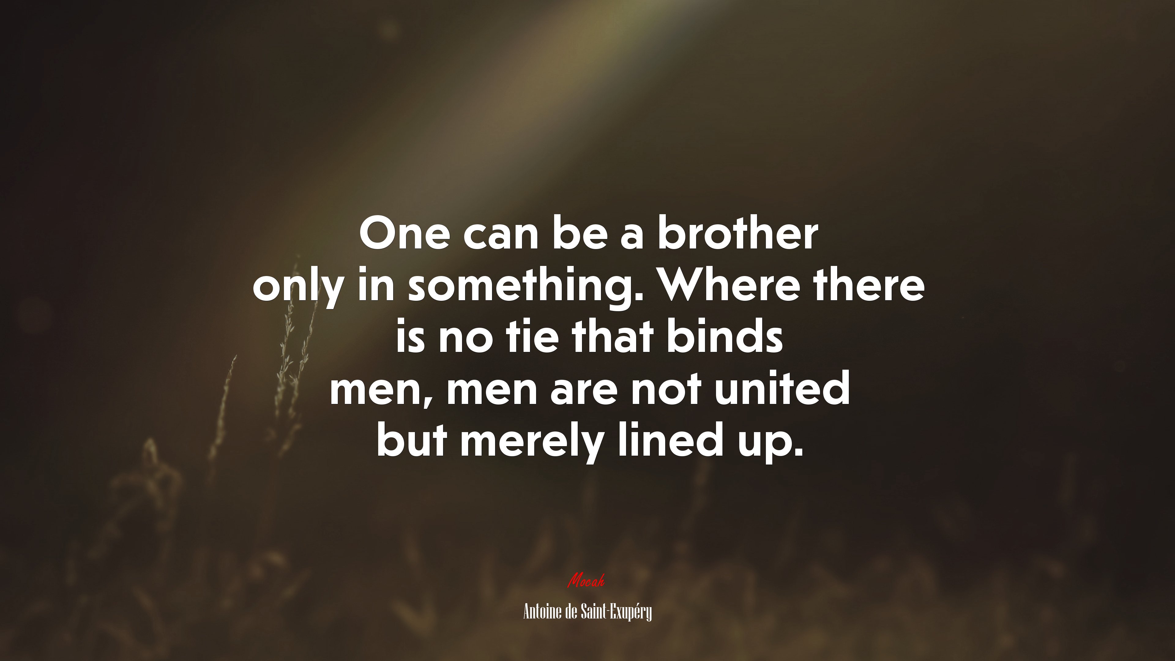 One can be a brother only in something. Where there is no tie that binds men, men are not united but merely lined up. | Antoine de Saint-Exupéry quote HD Wallpaper
