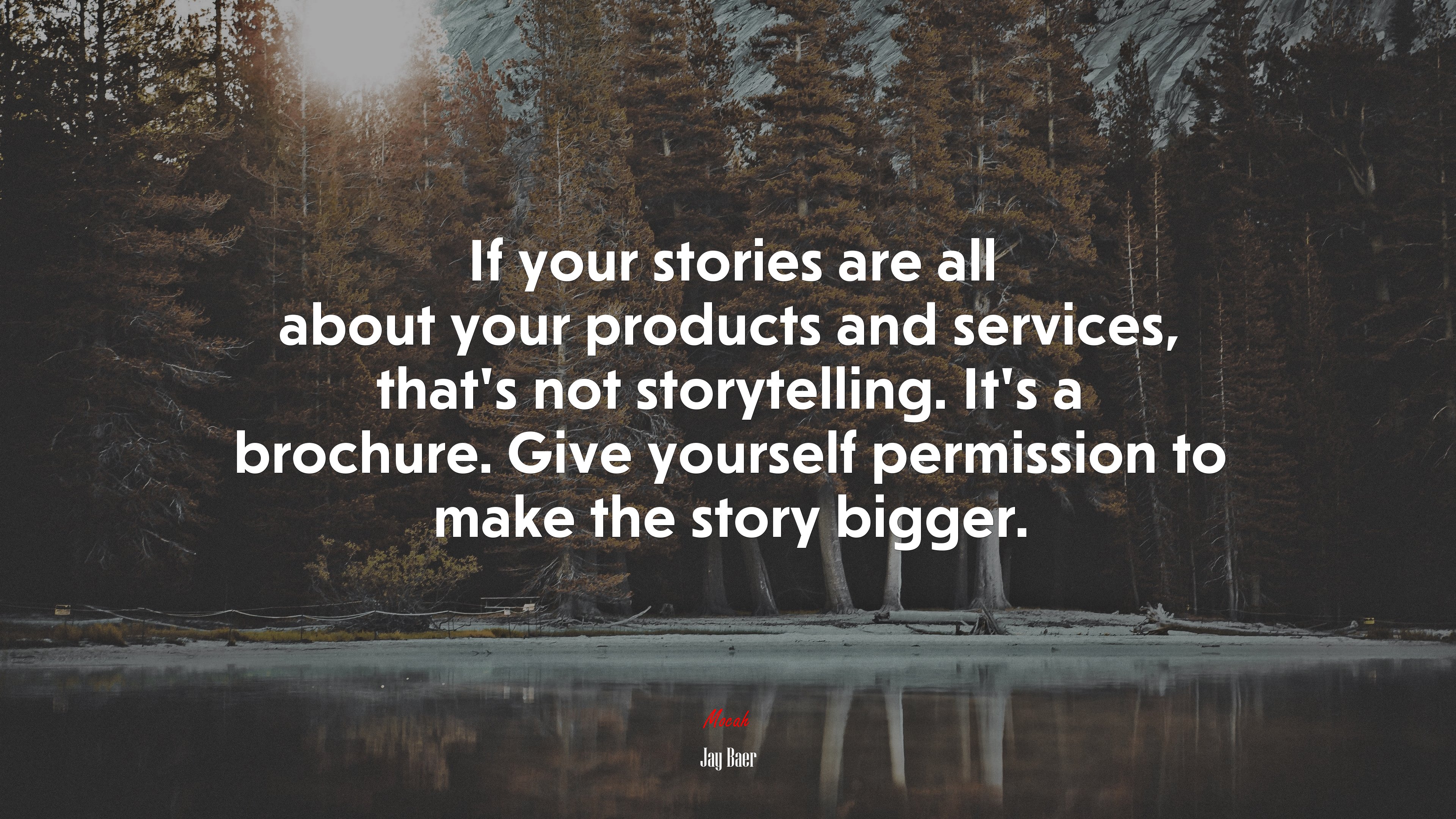 If your stories are all about your products and services, that’s not storytelling. It’s a brochure. Give yourself permission to make the story bigger. | Jay Baer quote HD Wallpaper