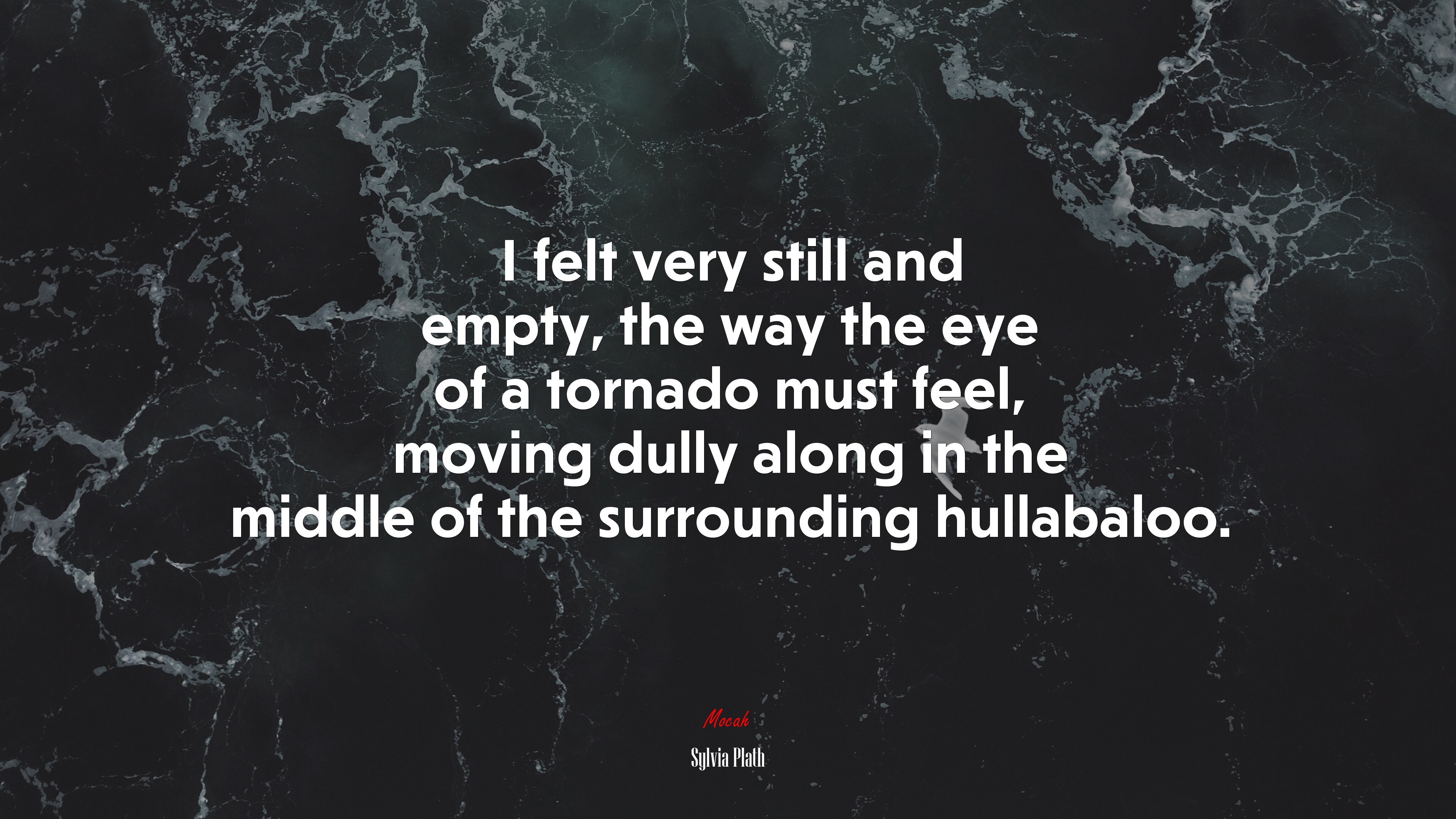 I felt very still and empty, the way the eye of a tornado must feel, moving dully along in the middle of the surrounding hullabaloo. | Sylvia Plath quote HD Wallpaper