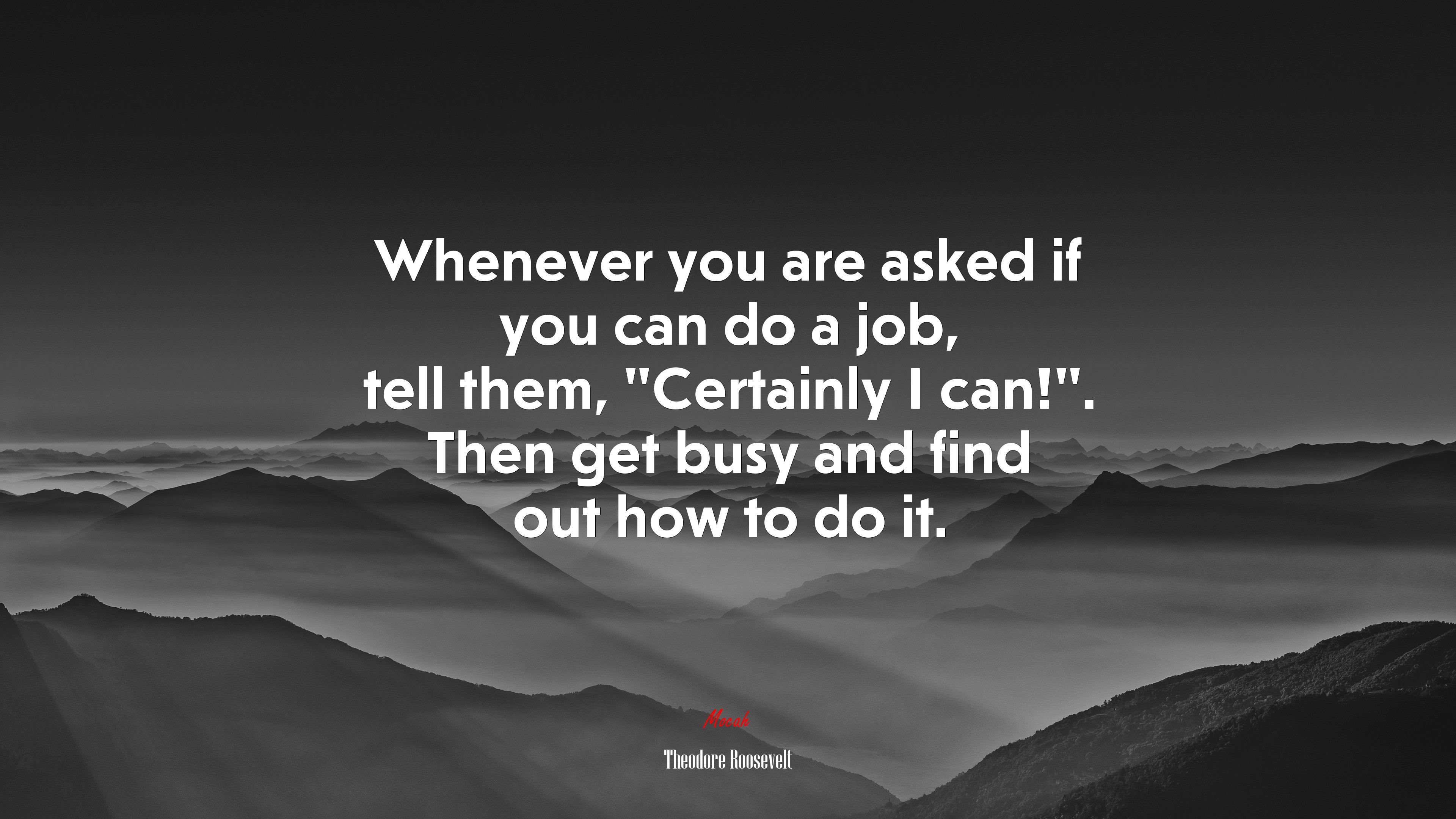 Whenever you are asked if you can do a job, tell them, “Certainly I can!”. Then get busy and find out how to do it. | Theodore Roosevelt quote HD Wallpaper