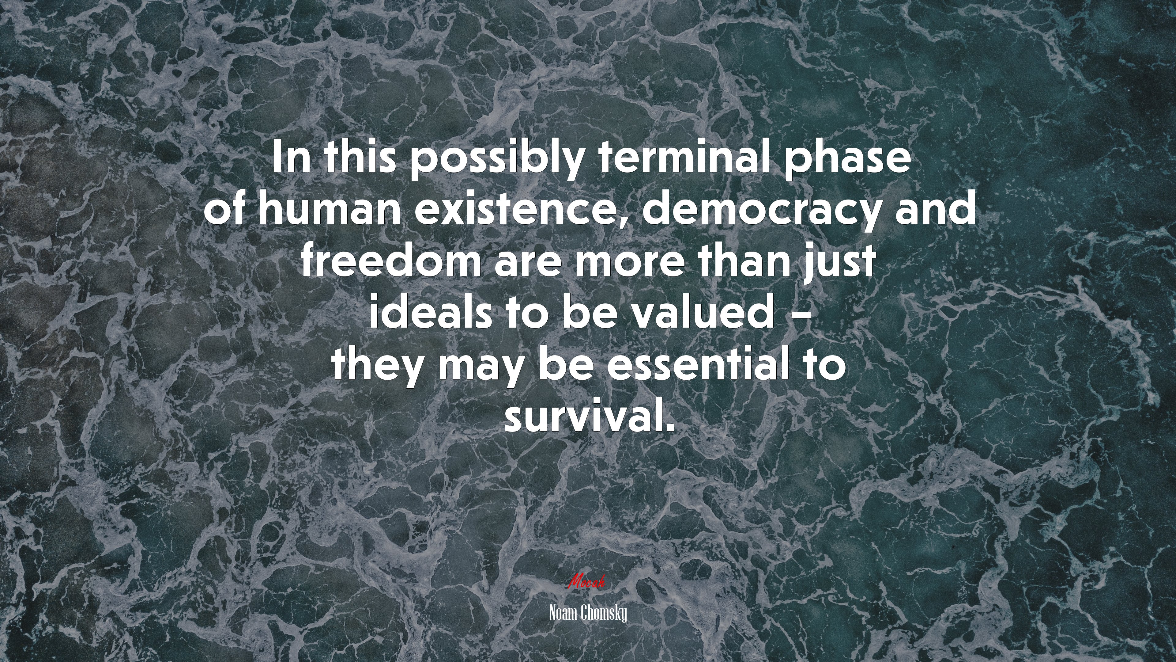 In this possibly terminal phase of human existence, democracy and freedom are more than just ideals to be valued – they may be essential to survival. | Noam Chomsky quote HD Wallpaper