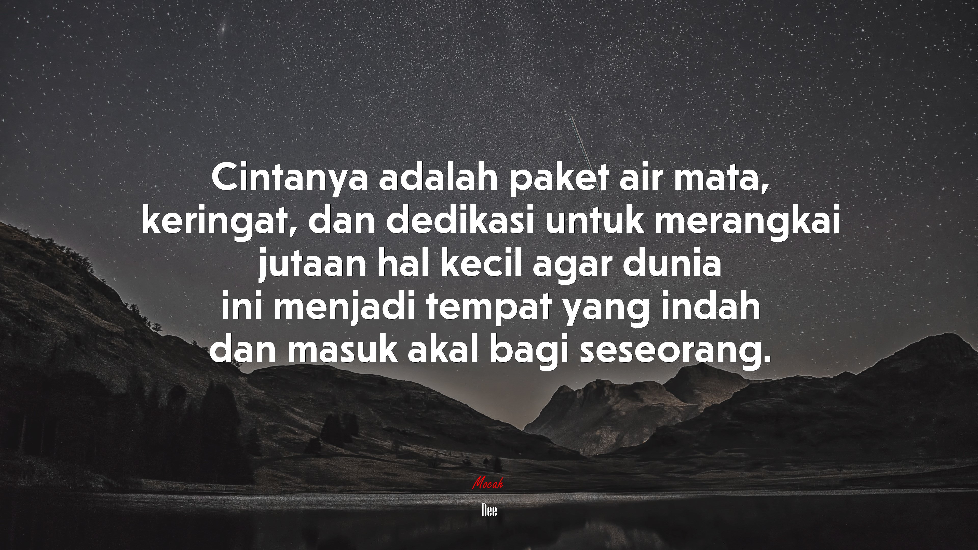 Cintanya adalah paket air mata, keringat, dan dedikasi untuk merangkai jutaan hal kecil agar dunia ini menjadi tempat yang indah dan masuk akal bagi seseorang. | Dee quote HD Wallpaper