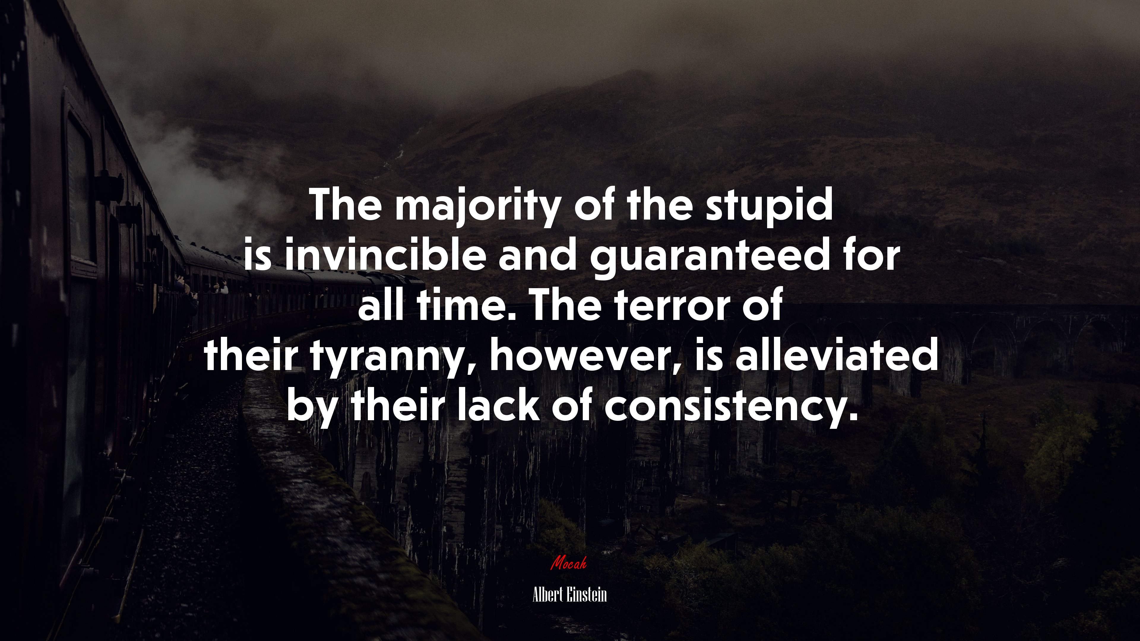 The majority of the stupid is invincible and guaranteed for all time. The terror of their tyranny, however, is alleviated by their lack of consistency. | Albert Einstein quote HD Wallpaper