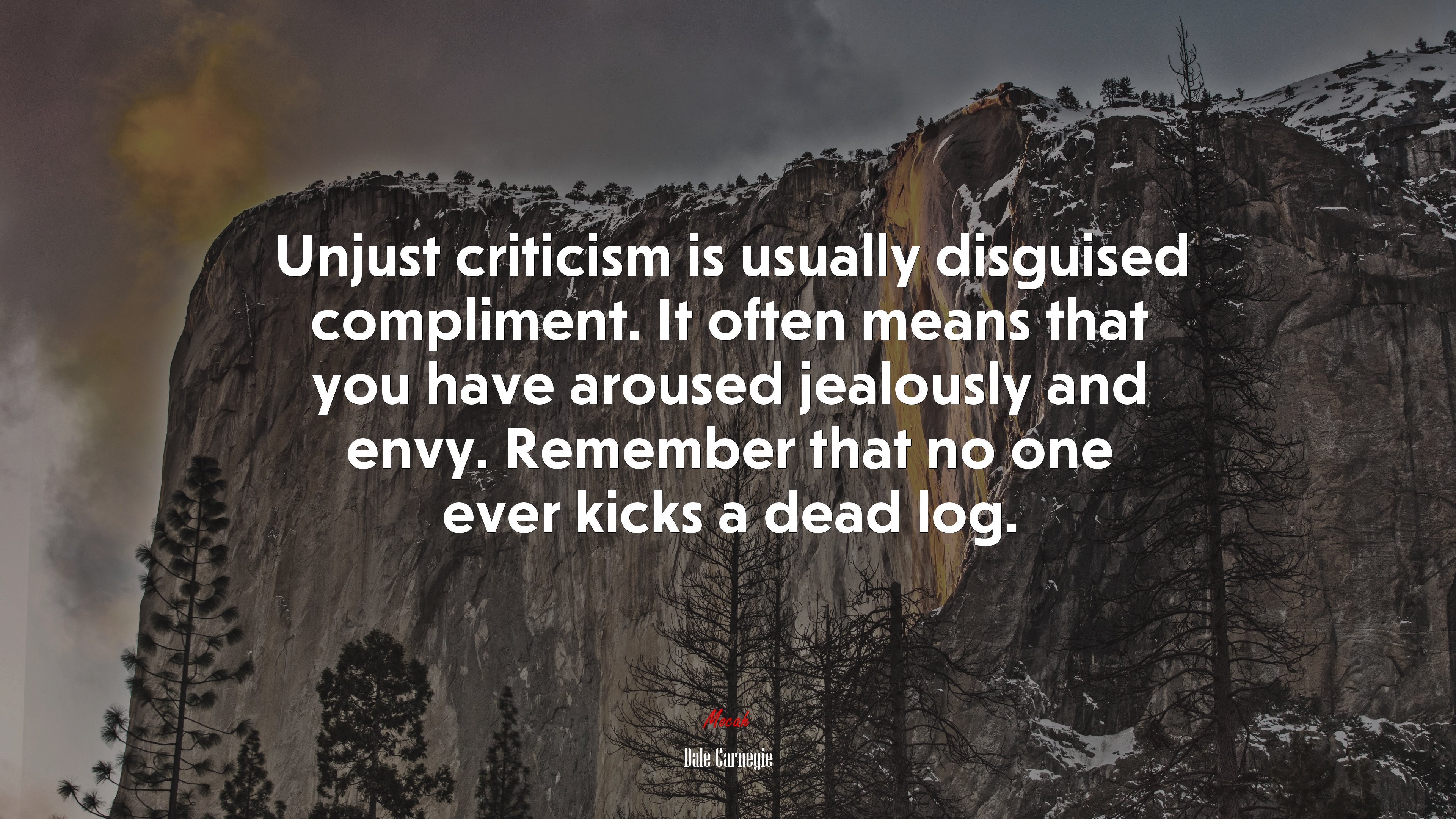 Unjust criticism is usually disguised compliment. It often means that you have aroused jealously and envy. Remember that no one ever kicks a dead log. | Dale Carnegie quote HD Wallpaper