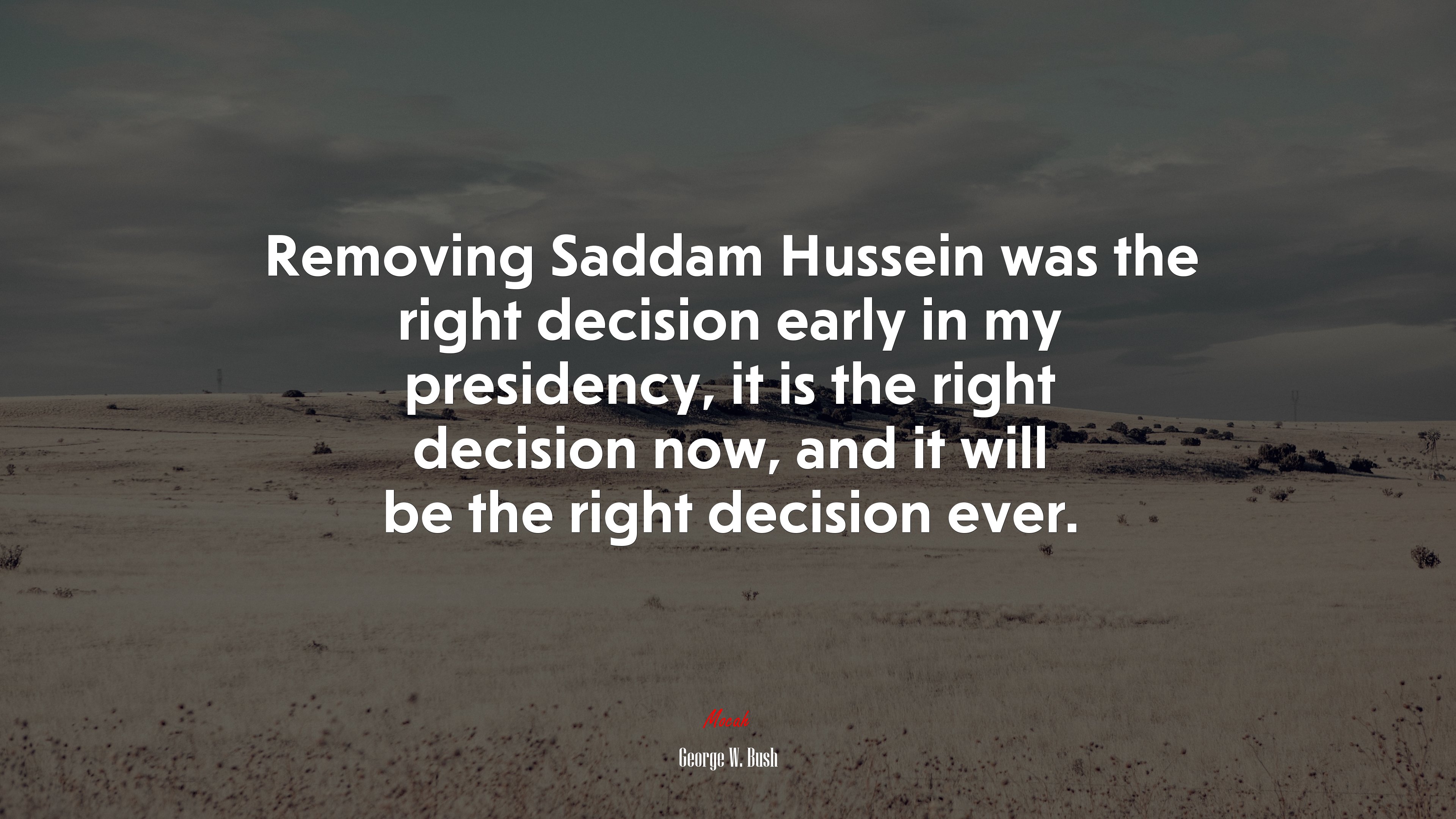 Removing Saddam Hussein was the right decision early in my presidency, it is the right decision now, and it will be the right decision ever. | George W. Bush quote HD Wallpaper