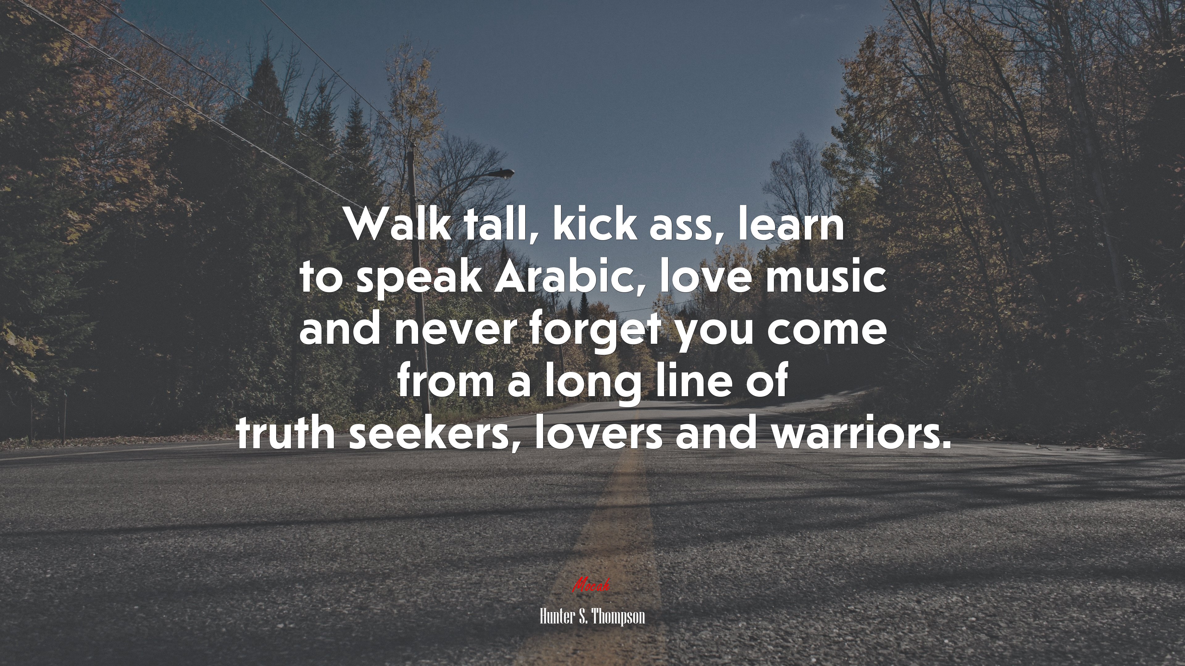 Walk tall, kick ass, learn to speak Arabic, love music and never forget you come from a long line of truth seekers, lovers and warriors. | Hunter S. Thompson quote HD Wallpaper