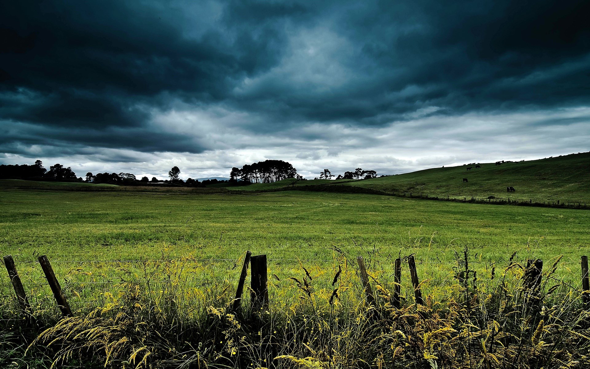 Stormy sky over a green rural landscape with a fence HD Wallpaper