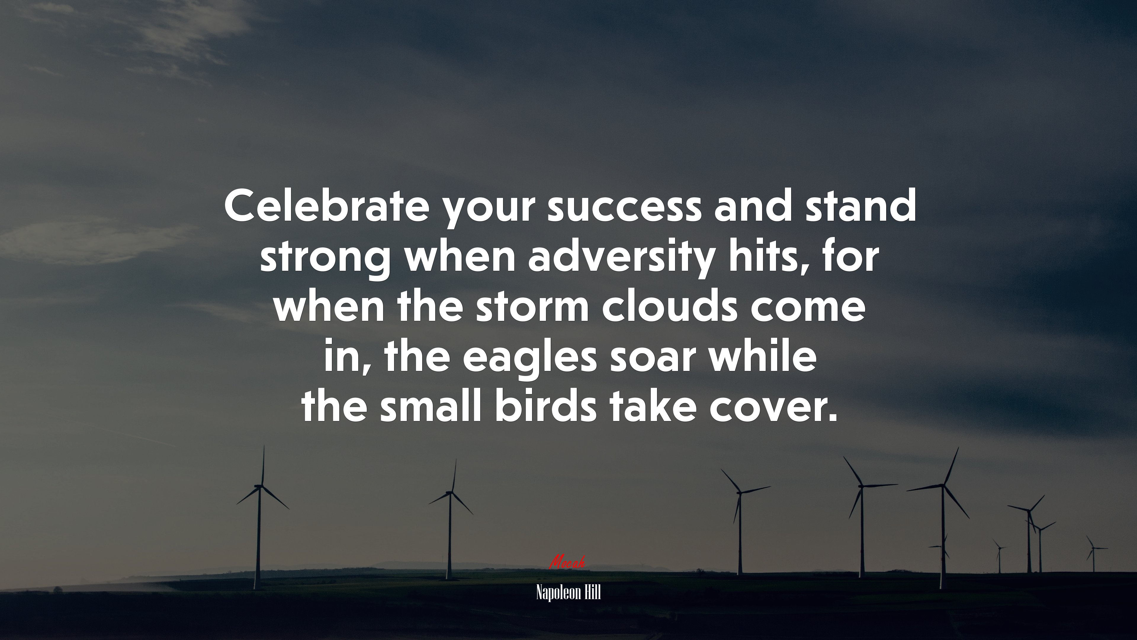 Celebrate your success and stand strong when adversity hits, for when the storm clouds come in, the eagles soar while the small birds take cover. | Napoleon Hill quote HD Wallpaper