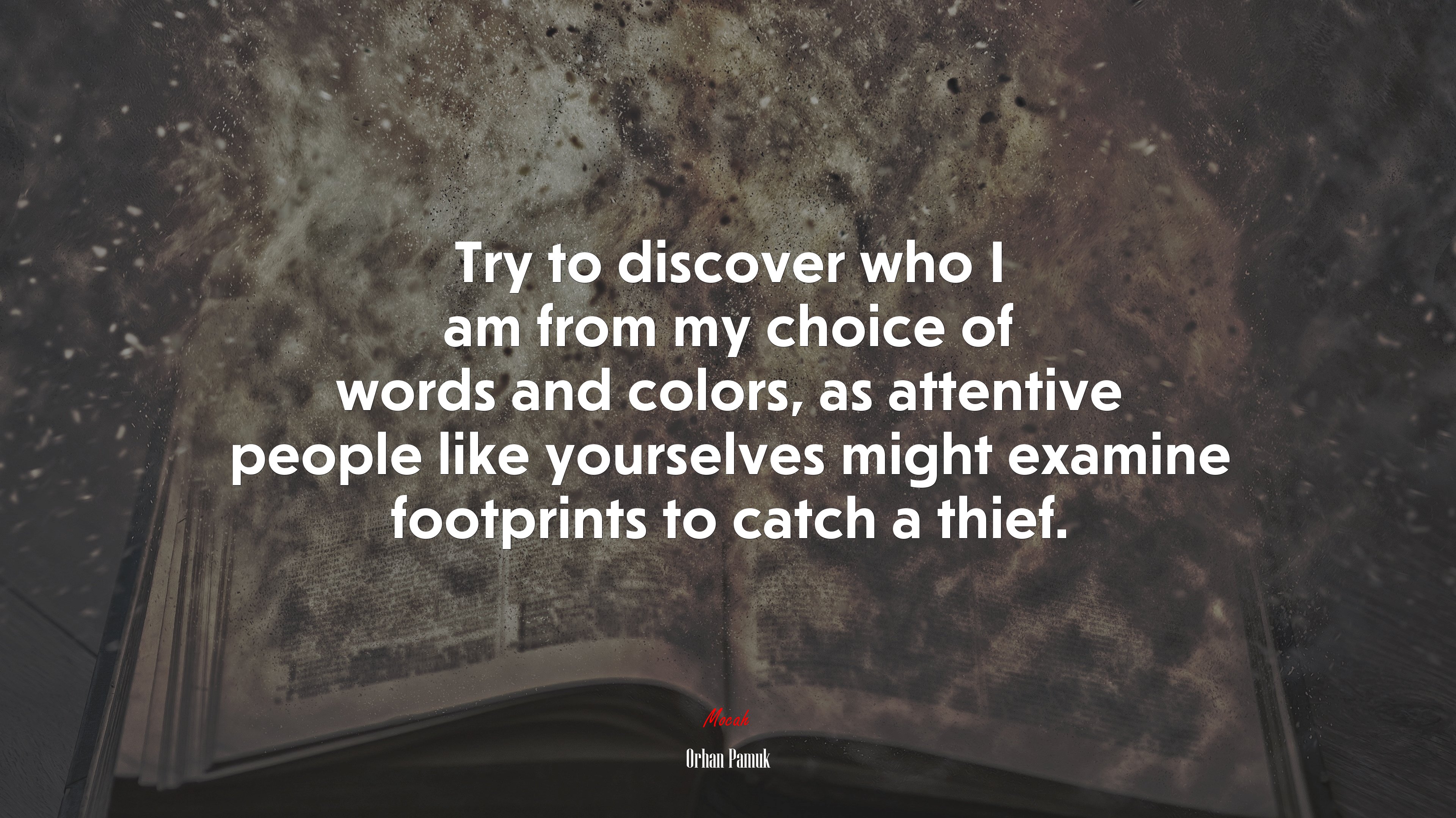 Try to discover who I am from my choice of words and colors, as attentive people like yourselves might examine footprints to catch a thief. | Orhan Pamuk quote HD Wallpaper