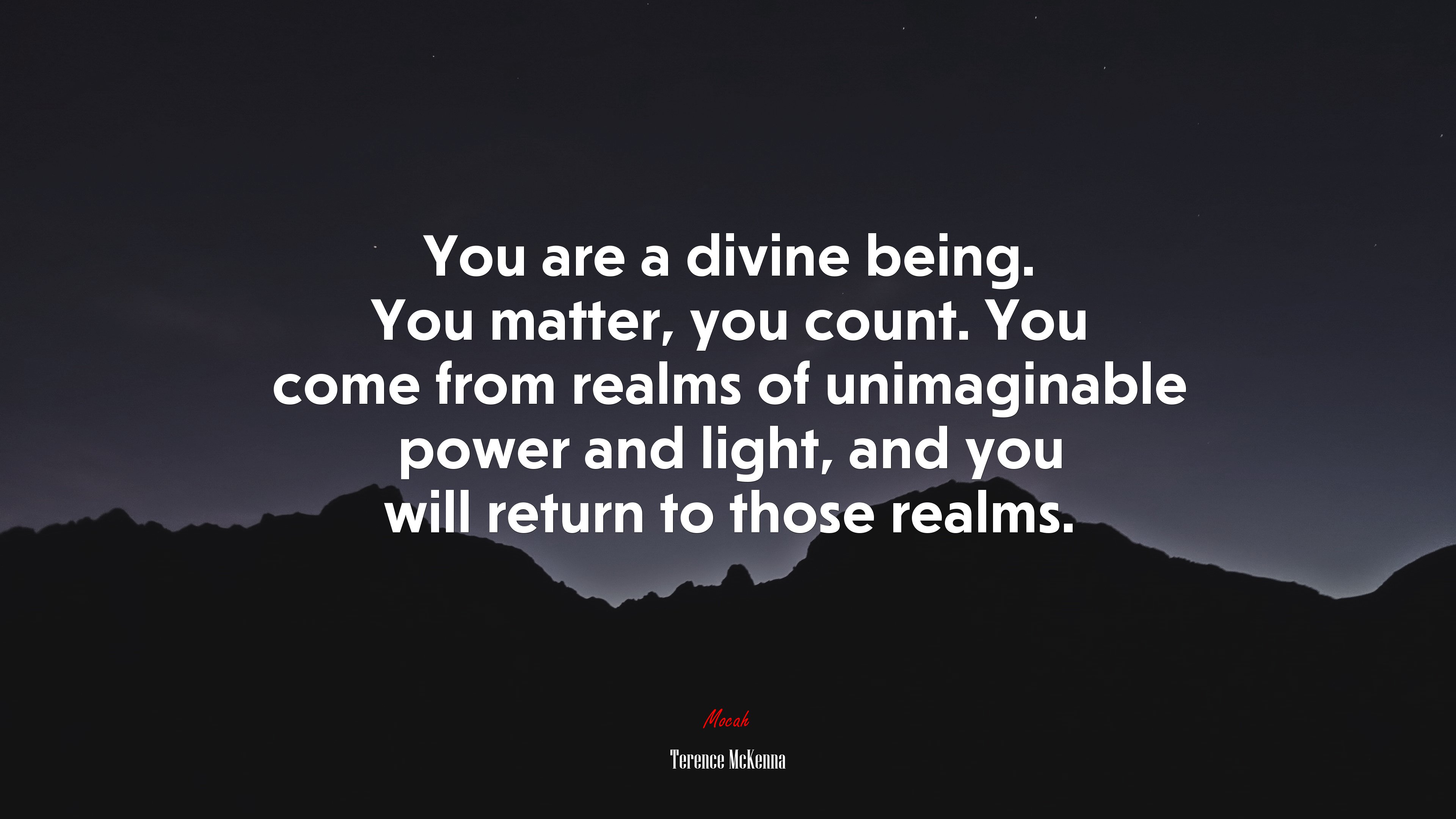 You are a divine being. You matter, you count. You come from realms of unimaginable power and light, and you will return to those realms. | Terence McKenna quote HD Wallpaper