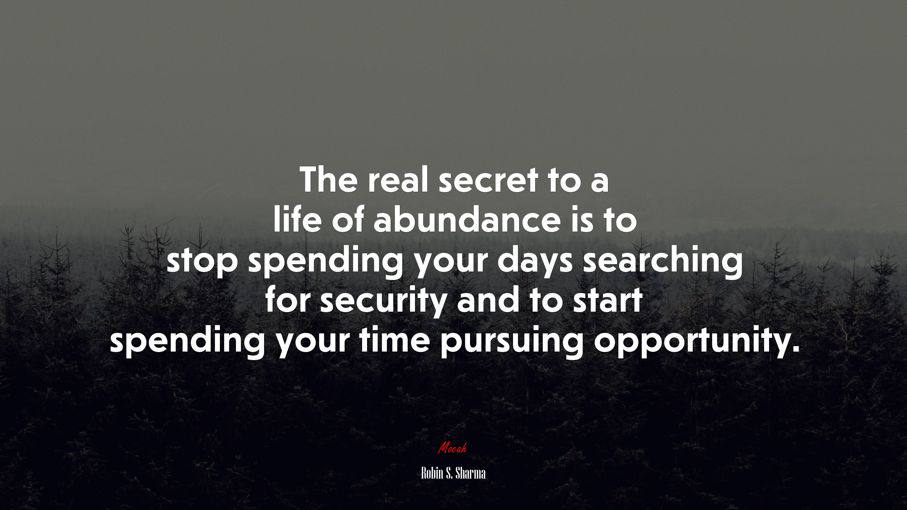 The real secret to a life of abundance is to stop spending your days searching for security and to start spending your time pursuing opportunity. | Robin S. Sharma quote HD Wallpaper